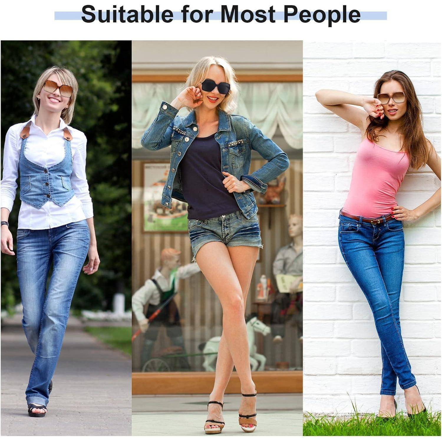Drei Bilder von Frauen in lässiger und stylischer Kleidung: Jeans und Weste, Jeansjacke und Shorts, pinkes Oberteil mit Jeans.