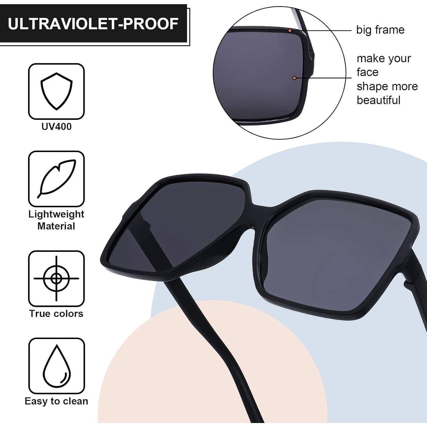 Schwarze Sonnenbrille mit großem Rahmen und gesichtsformender Struktur. Merkmale umfassen UV400-Schutz, leichtes Material und originalgetreue Farben.