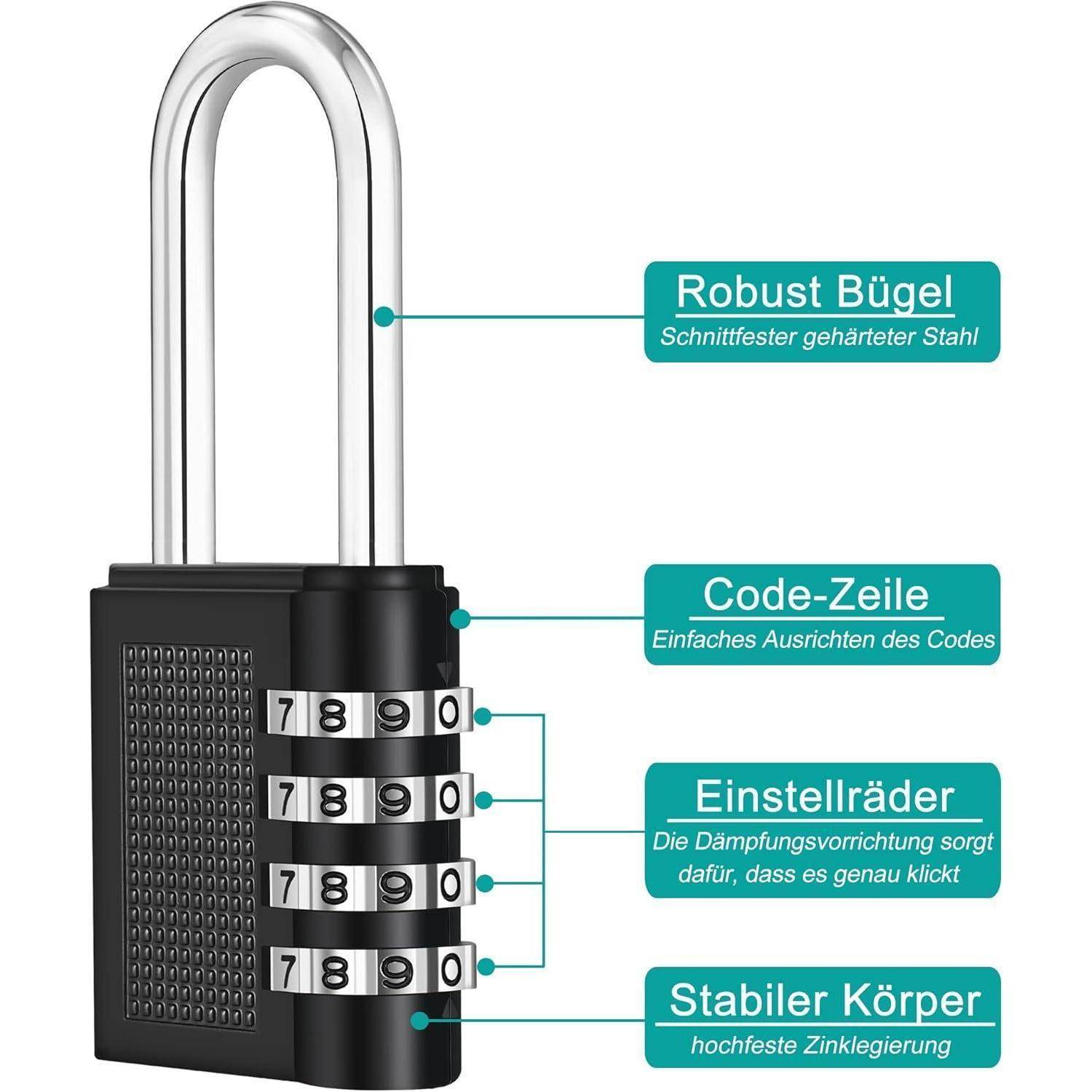 Ein Zahlenschloss mit Beschriftungen: 'Robuster Bügel' (schneidbeständiger Stahlbügel), 'Code-Zeile' (einfache Codeausrichtung), 'Einstellräder' (Dämpfungsmechanismus), 'Stabiler Körper' (Zinklegierungsgehäuse).