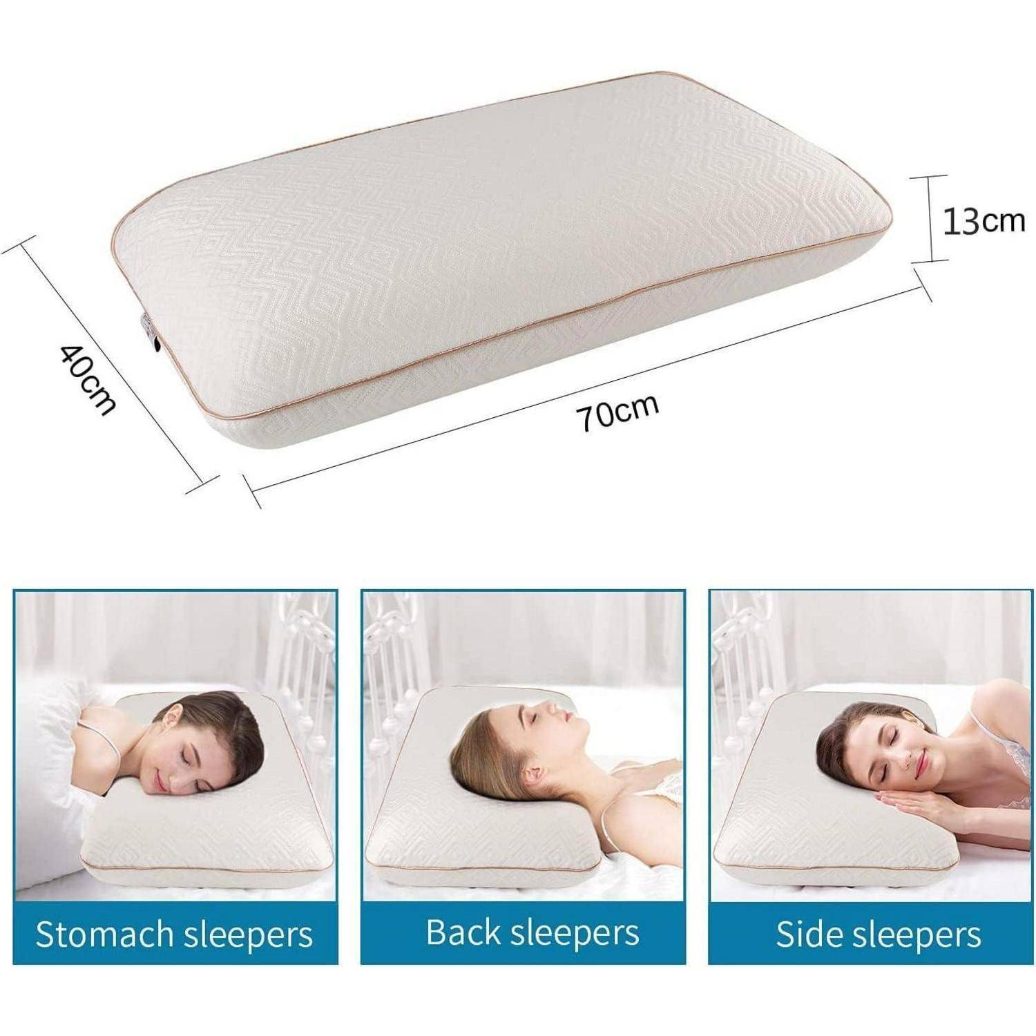 Kissengröße beträgt 70 cm Länge, 40 cm Breite und 13 cm Höhe. Geeignet für Bauch-, Rücken- und Seitenschläfer mit visuellen Beispielen zur Veranschaulichung.