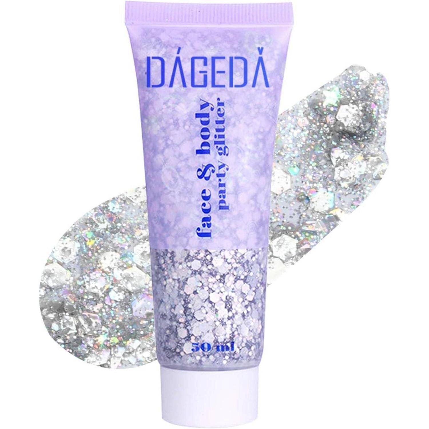 Eine Tube Dageda Gesichts- und Körper-Partei-Glitzer, 30ml, mit silbernen und holografischen Partikeln, neben einem Auftrag des Glitzers.