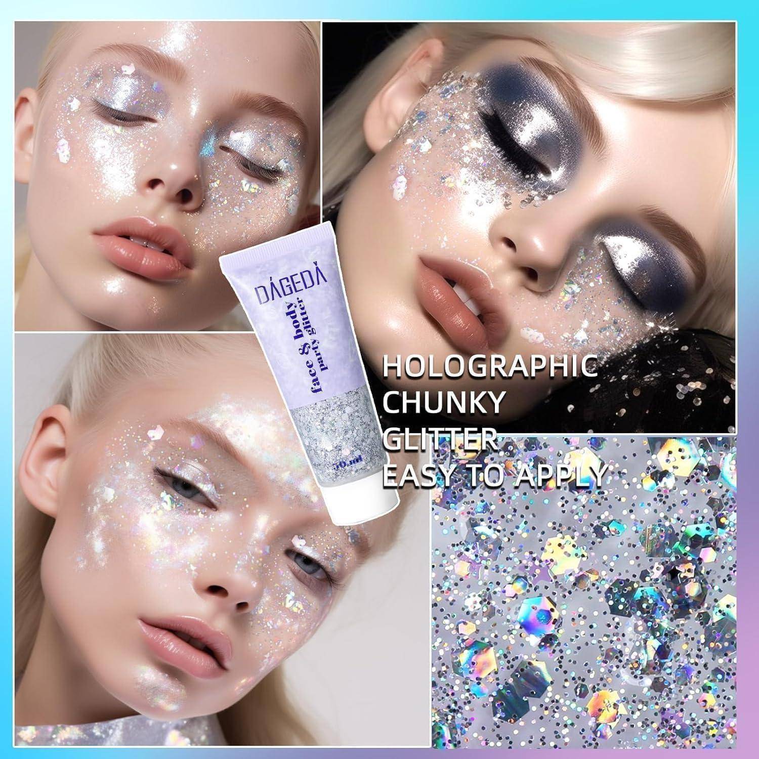 Collage von Models, die holografischen, groben Glitzer im Gesicht tragen; enthält eine Glitzer-Tube und eine vergrößerte Ansicht der Glitzer-Textur. Text: Holografischer Grob-Glitzer, Einfach aufzutragen.