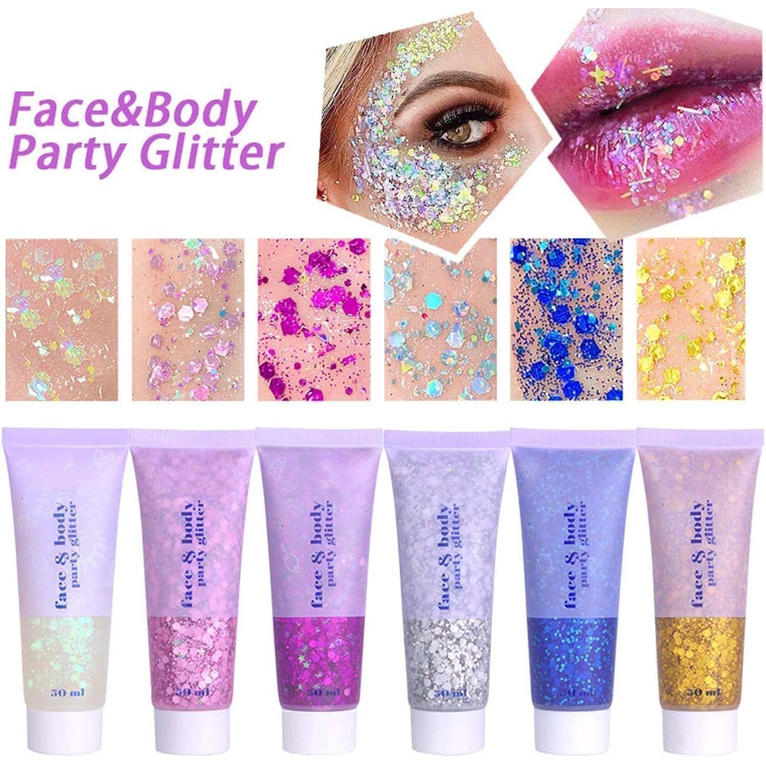 Face & Body Party Glitter' Tuben in verschiedenen Farben, präsentiert mit Farbabstufungen. Nahaufnahmen zeigen Glitzer auf Haut und Lippen und demonstrieren lebendige Funkeleffekte.