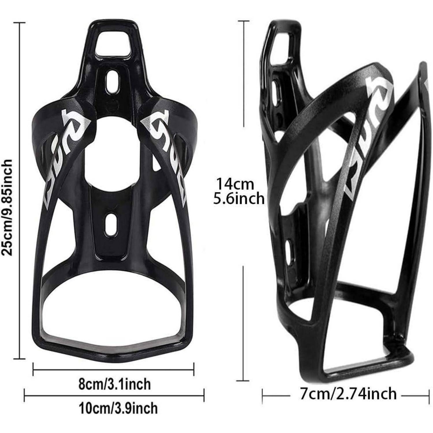 Zwei schwarze Fahrrad-Flaschenhalter, mit Maßangaben versehen: 25cm/9,85in hoch, 8cm/3,1in breit, 10cm/3,9in tief; und 14cm/5,6in hoch, 7cm/2,74in breit.