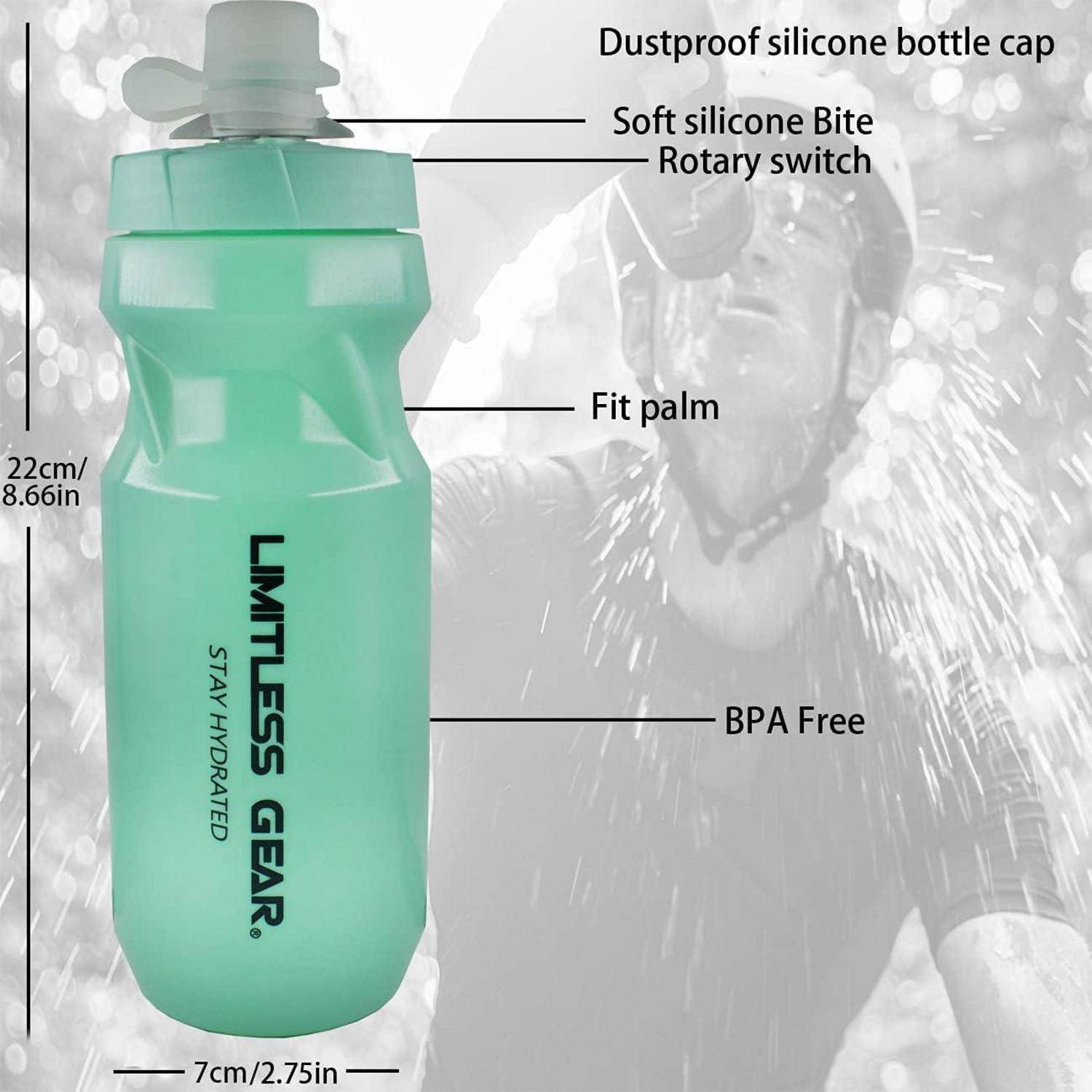 Aqua-blaue Wasserflasche mit staubdichtem Deckel und Drehschalter. BPA-frei, handschmeichelnd; Abmessungen: 26 cm hoch, 7 cm breit. Text: „Limitless Gear, Bleib hydriert.