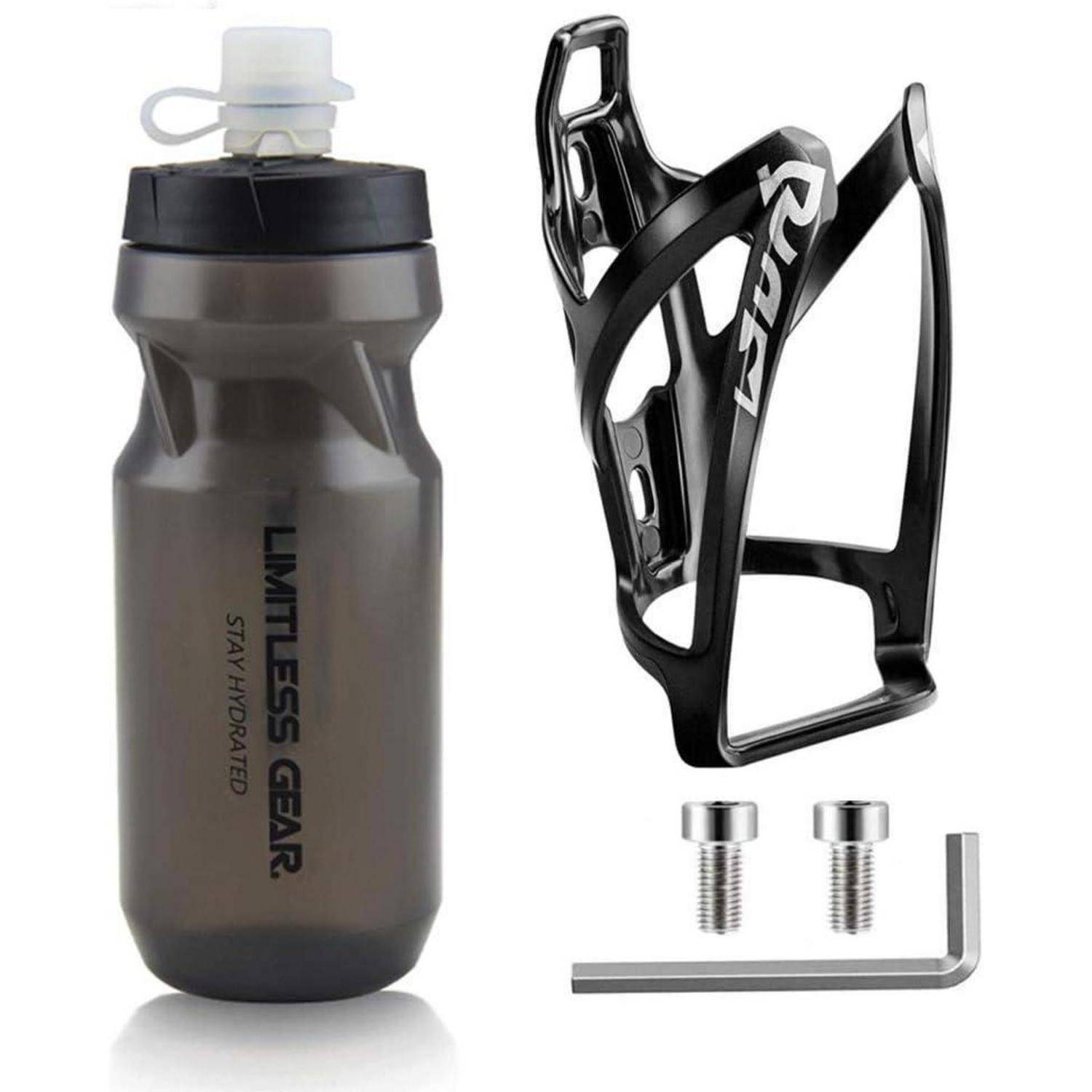 Eine schwarze Fahrrad-Flaschenhalterung mit Schrauben und einem Inbusschlüssel, neben einer grauen Wasserflasche mit der Aufschrift „Limitless Gear Stay Hydrated