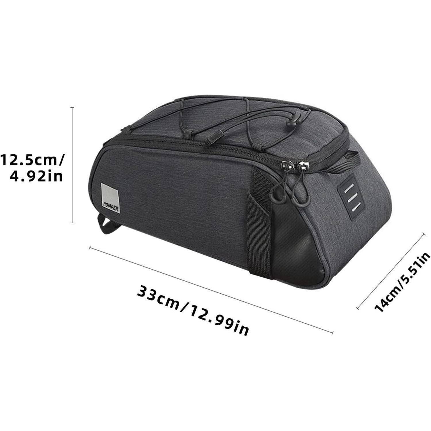 Eine schwarze Fahrradlenkertasche ist abgebildet, mit den Maßen: 33 cm Länge, 12,5 cm Höhe und 14 cm Breite.