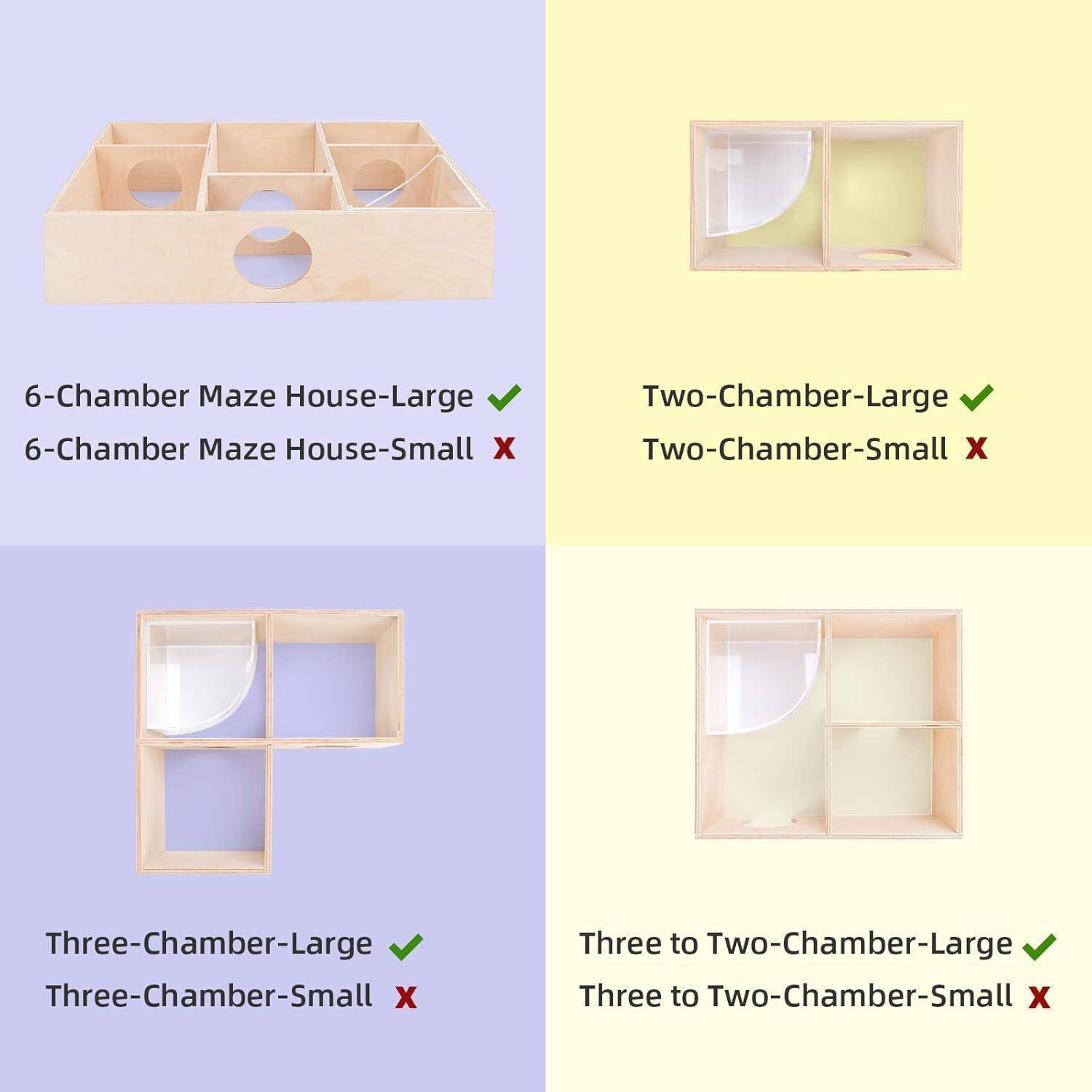 6-Kammer-Labyrinth-Haus-Groß' und 'Zwei-Kammer-Groß' sind mit grünen Häkchen als geeignet gekennzeichnet, während andere mit roten Kreuzen markiert sind.