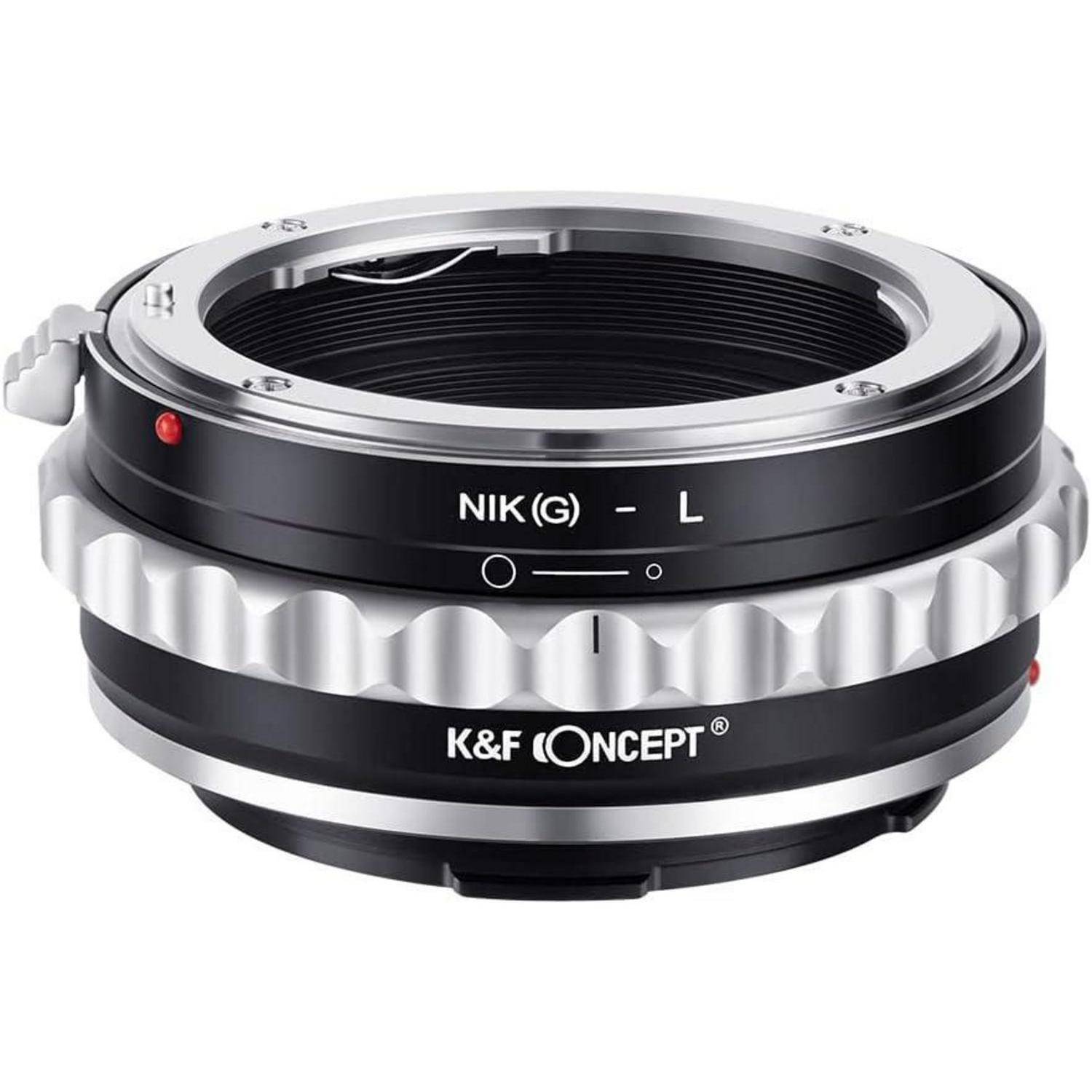 Ein Nahaufnahmebild eines K&F Concept Objektivadapters von Nikon (G) zu L-Mount-Kameras, mit metallischer Konstruktion und Einstellungsreglern.
