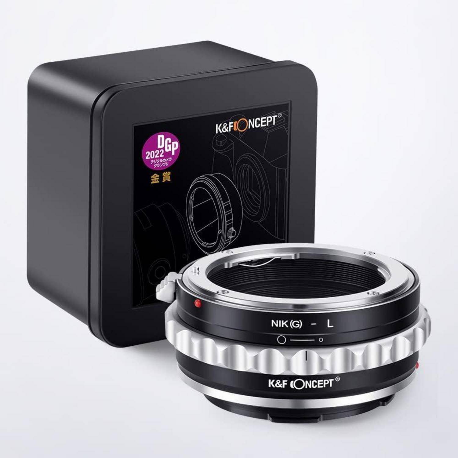 Kamera-Objektivadapter neben einer schwarzen Box mit dem 'K&F Concept'-Logo. Der Adapter ermöglicht die Kompatibilität zwischen Nikon- und L-Mount-Objektiven.
