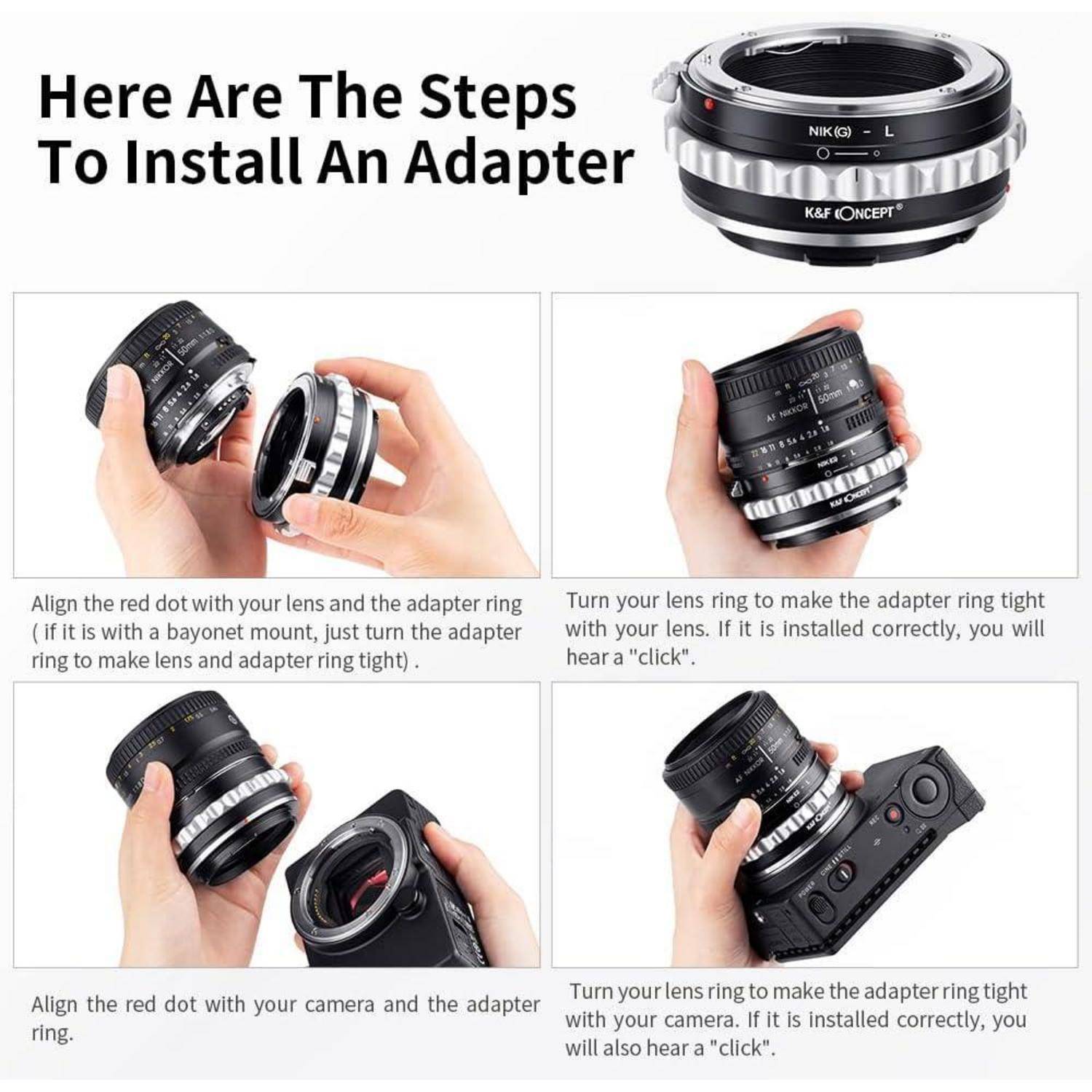 Hier sind die Schritte zum Installieren eines Adapters: Richten Sie den Adapterring am Objektiv aus und ziehen Sie ihn fest, bis er einrastet. Befestigen Sie ihn an der Kamera und überprüfen Sie den sicheren Sitz.