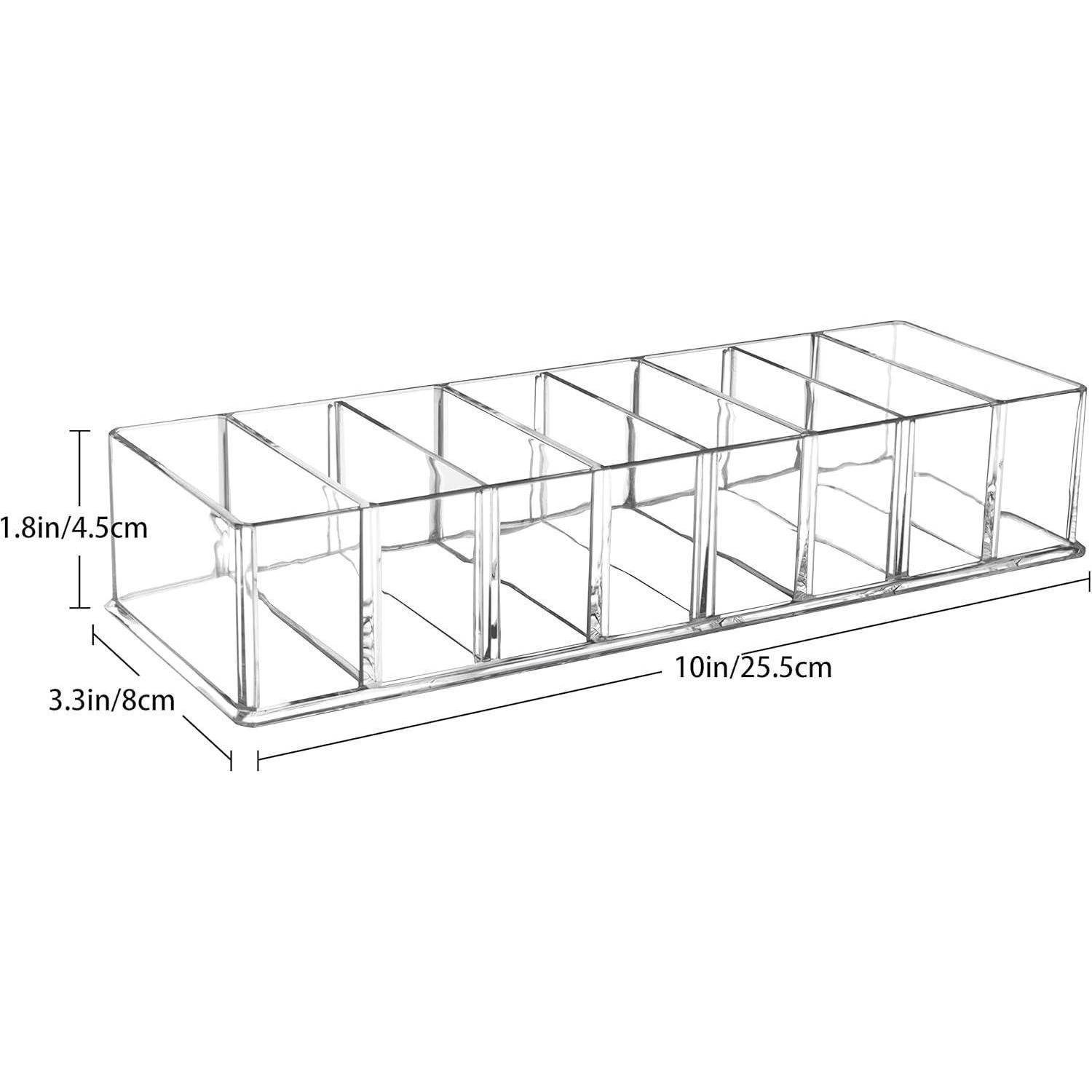 Transparenter Acryl-Organizer mit acht Fächern, misst 10in/25,5cm in der Länge, 3,3in/8cm in der Breite und 1,8in/4,5cm in der Höhe.