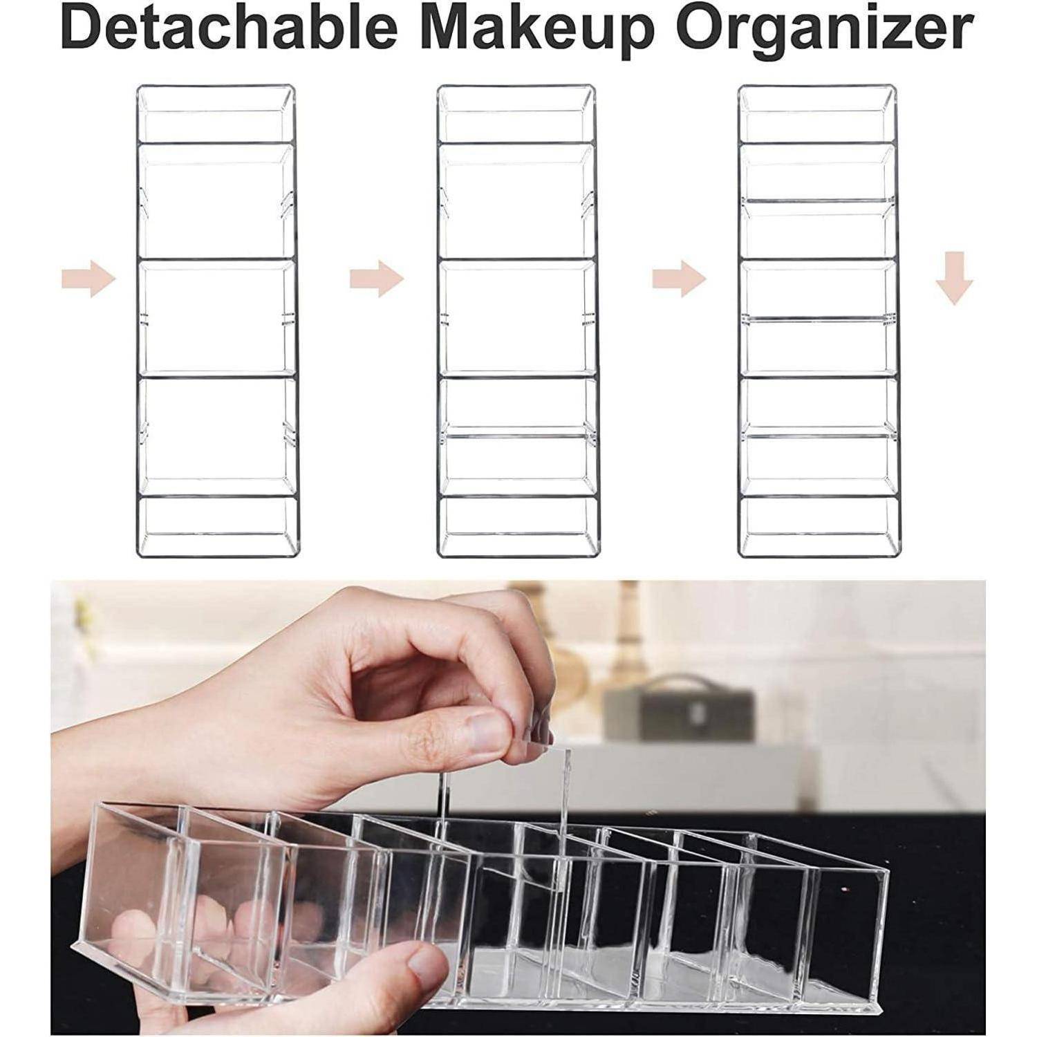 Abnehmbarer Make-up Organizer': Drei Bilder von transparenten gestapelten Tabletts mit Pfeilen. Darunter Hände, die Acryl-Fächer in verschiedenen Anordnungen zusammenbauen.