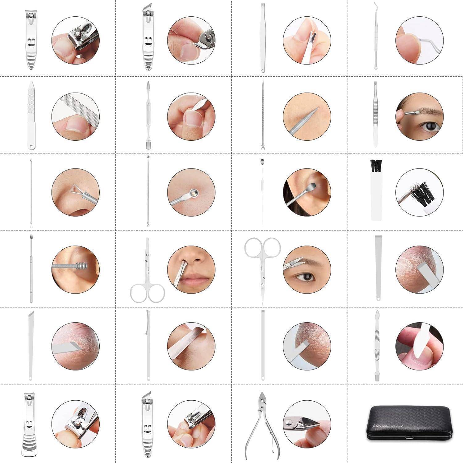 Maniküre-Set mit Werkzeugen wie Nagelschere, Hautrandschere, Pinzette und Augenbrauenpinsel. Set enthält Bilder, die die Verwendung demonstrieren.