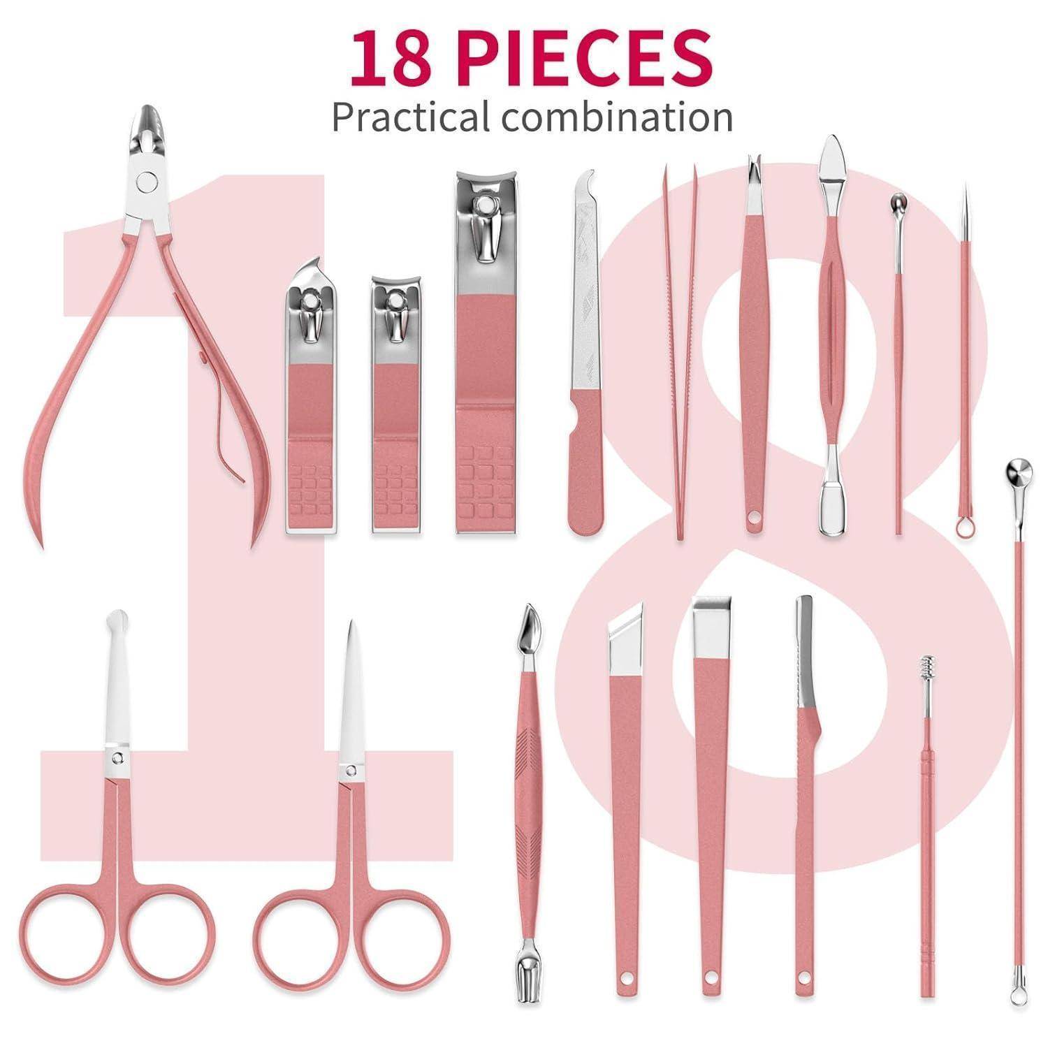 18-teiliges Pflege-Set mit verschiedenen Werkzeugen, darunter Haarschneider, Scheren, Pinzetten und Nagelfeilen, ordentlich angeordnet.