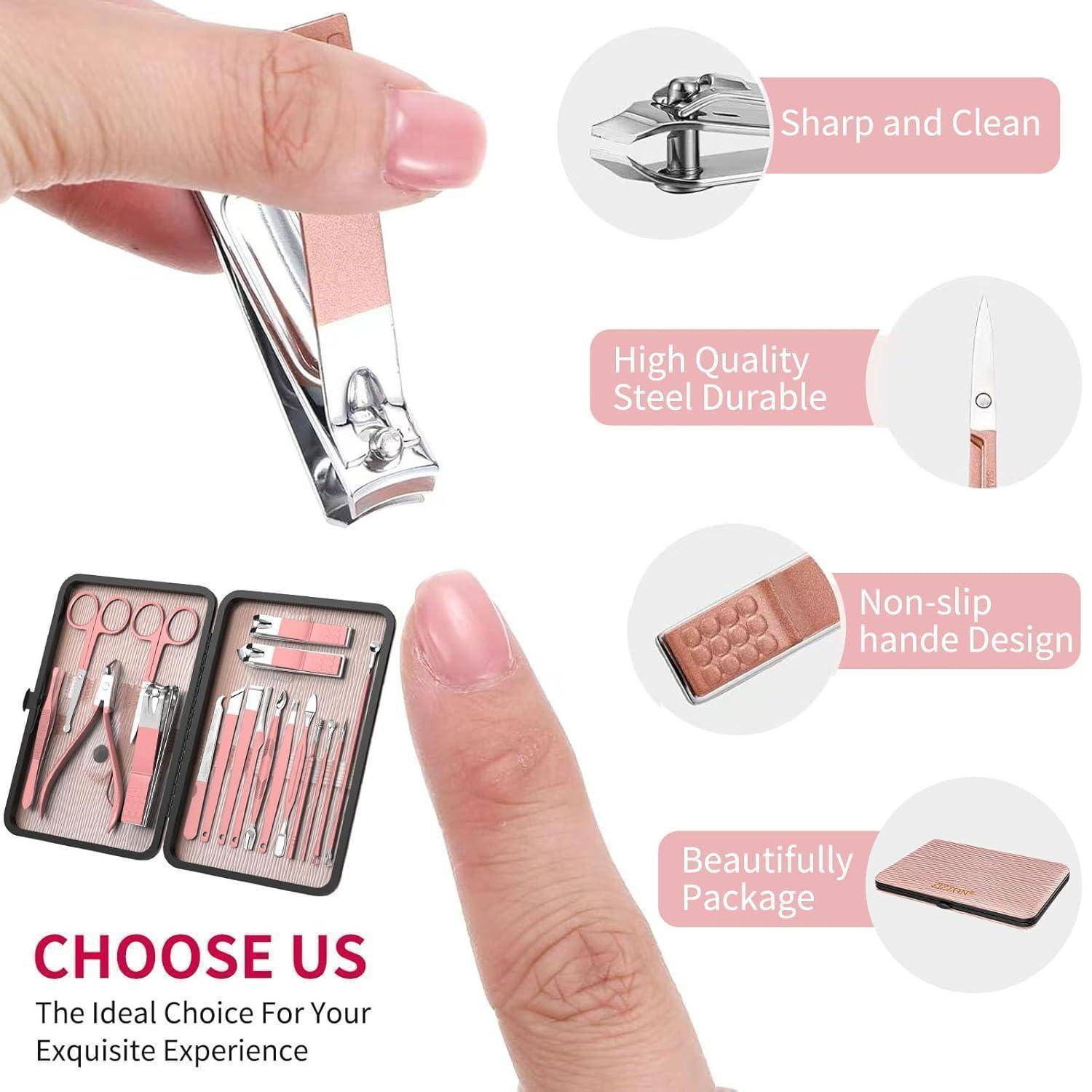 Maniküre-Set mit Nagelknipser, Schere und Werkzeugen in einer Etui. Highlights umfassen 'Scharf und Sauber', 'Rutschfester Griff', 'Wunderschön verpackt'.