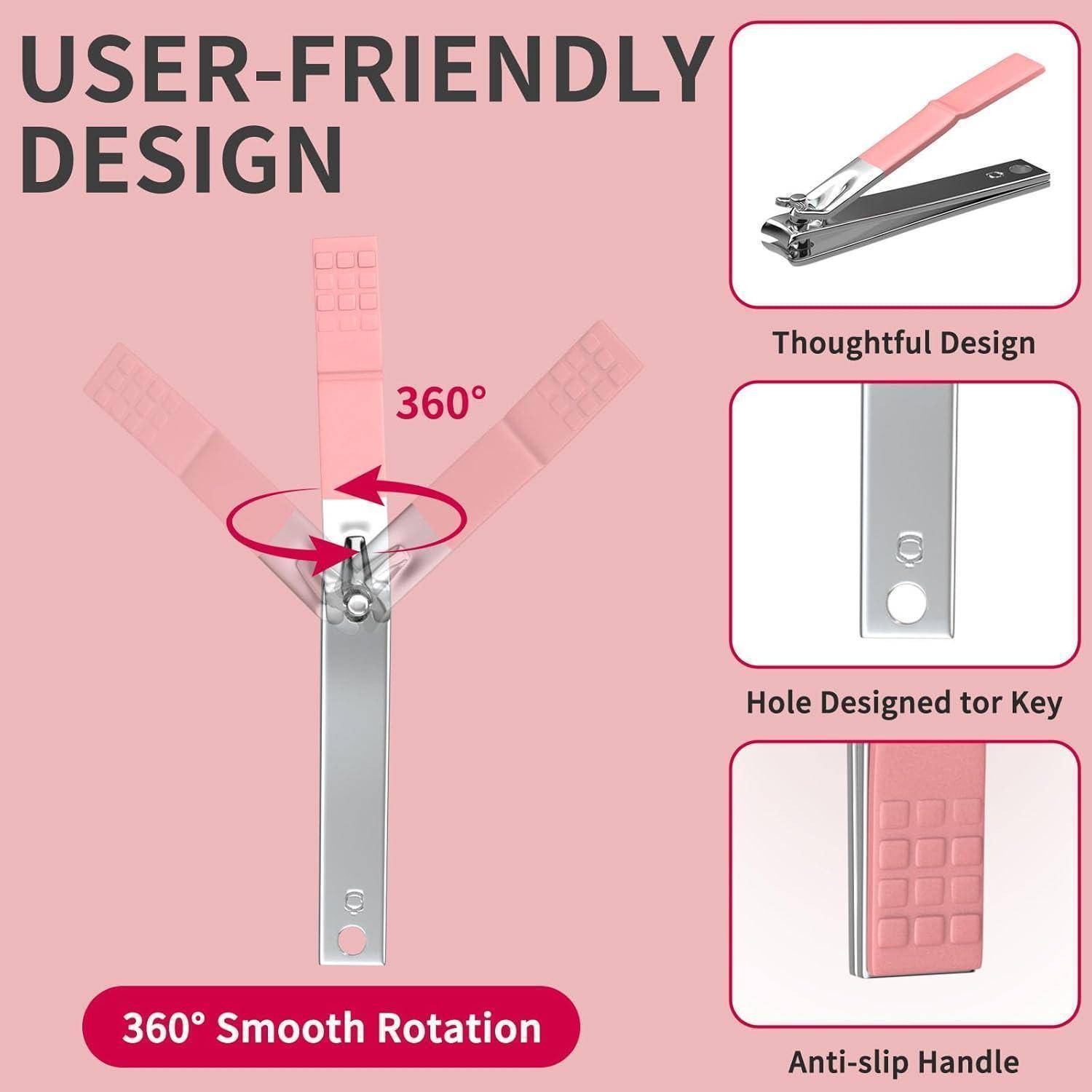 Nagelschneider mit 360° sanfter Drehung und rutschfestem Griff. Zu den Merkmalen gehören durchdachtes Design und Schlüssellochöffnung.
