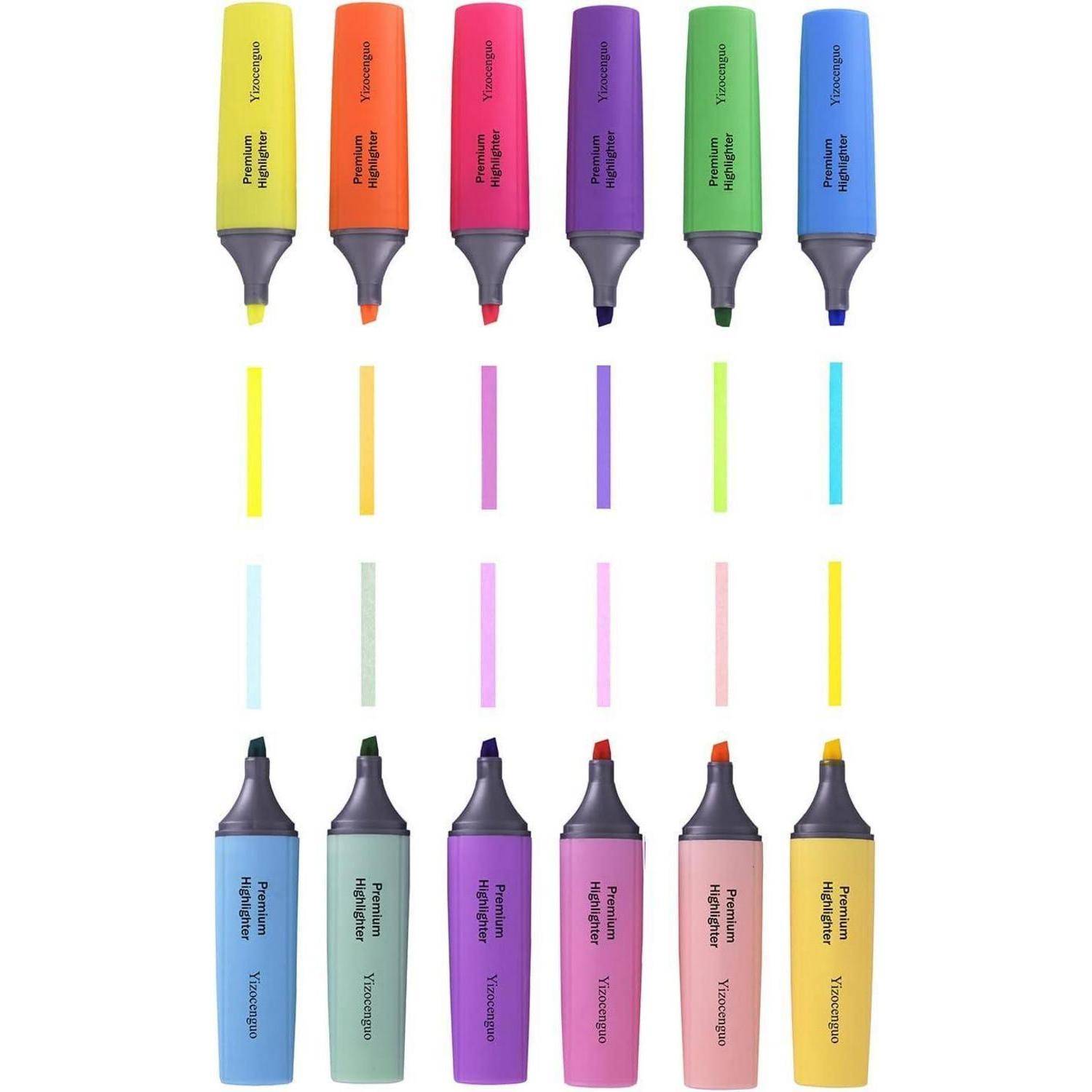 Ein Set aus 16 bunten Textmarkern, mit Farbtönen von Neongelb bis hin zu Pastell-Rosa und -Blau, wobei jeder Marker eine passende Kappe über der Markerspitze trägt.