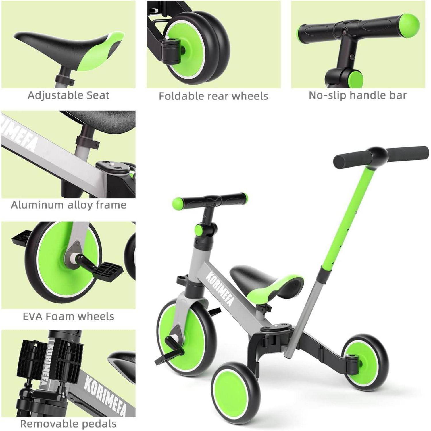 Dreirad mit verstellbarem Sitz, zusammenklappbaren Hinterrädern, rutschfestem Lenker, Aluminiumlegierungsrahmen, EVA-Schaumstoffrädern und abnehmbaren Pedalen.