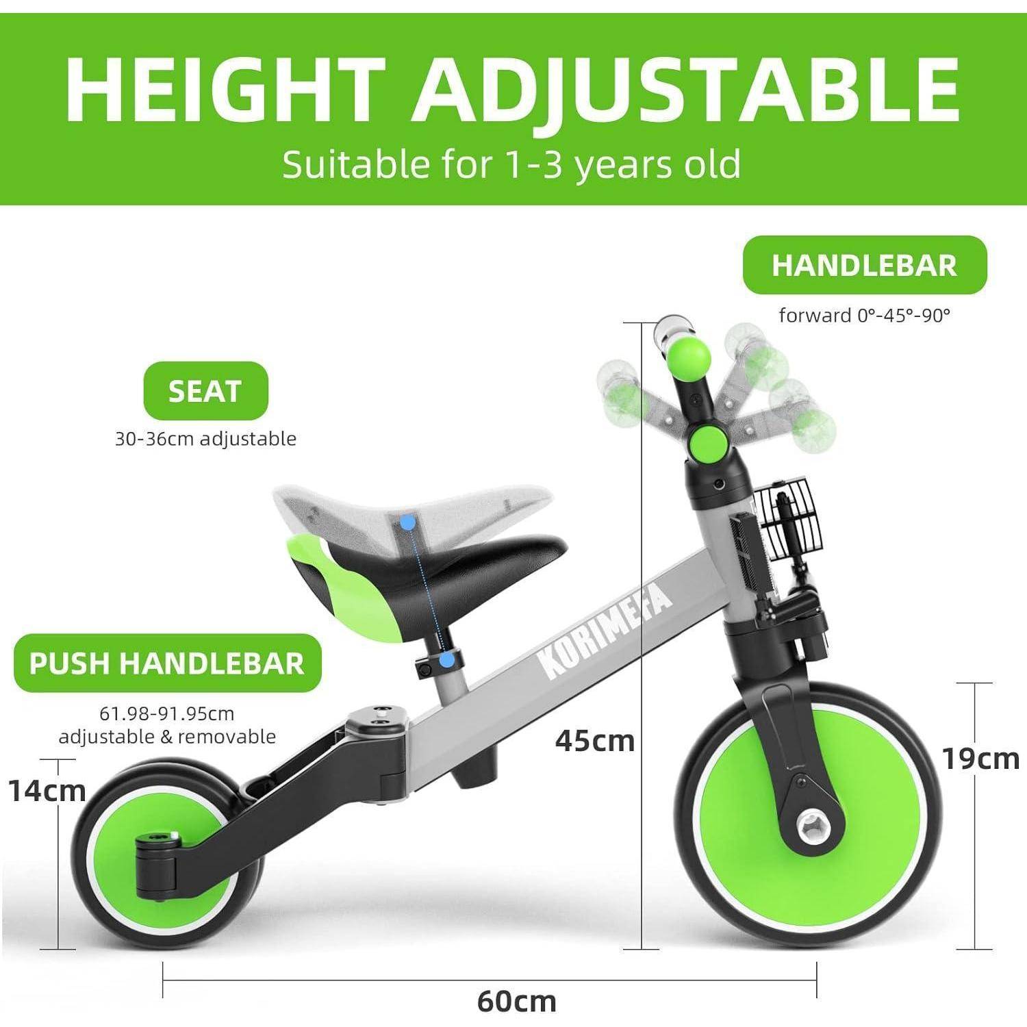 Höhenverstellbares Dreirad für 1-3 Jahre, mit verstellbarem Sitz (30-36 cm) und Lenkstange (61,9-91,95 cm). Grün-schwarzes Design.