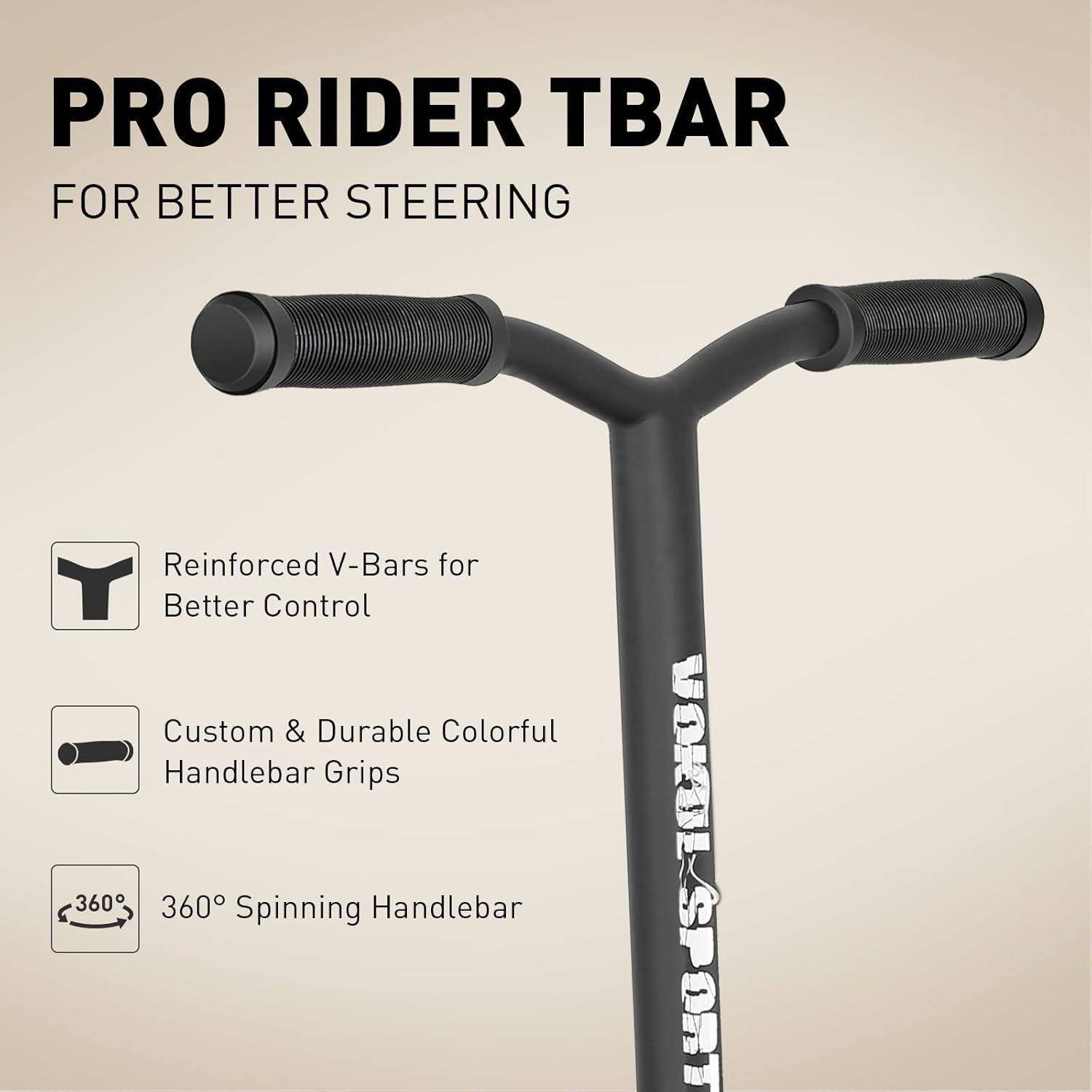 Pro Rider Tbar' schwarzer Scooter-Lenker mit Griffen. Bietet verstärkte V-Bars, individuelle robuste Griffe und 360°-Drehfähigkeit.