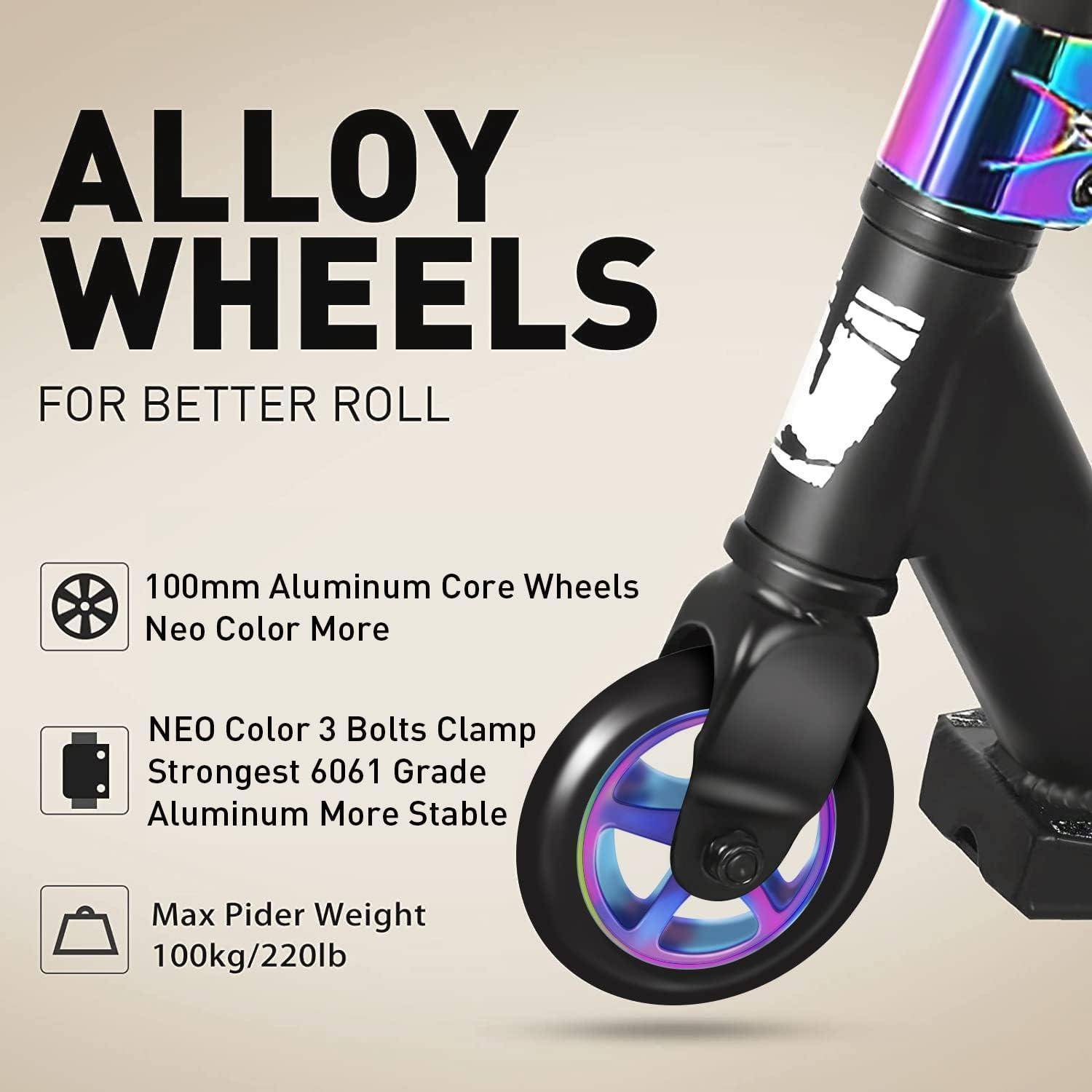 Alufelgen für einen Roller; Merkmale umfassen 100mm Aluminiumkern-Räder, eine robuste 3-Bolt-Klemmvorrichtung und eine maximale Fahrergewichtslast von 100 kg.