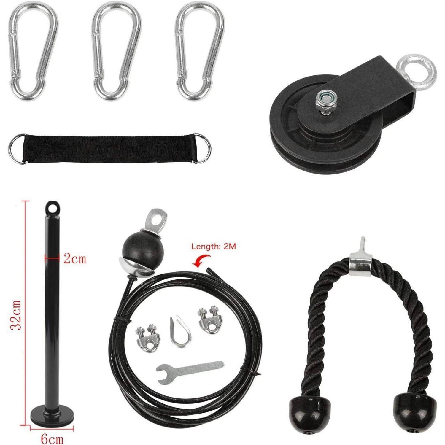 Flaschenzug-Set mit zwei Karabinern, Seilrolle, Trizeps-Seil, schwarzem Griff, Metallstange, Kabel und Installationswerkzeugen.