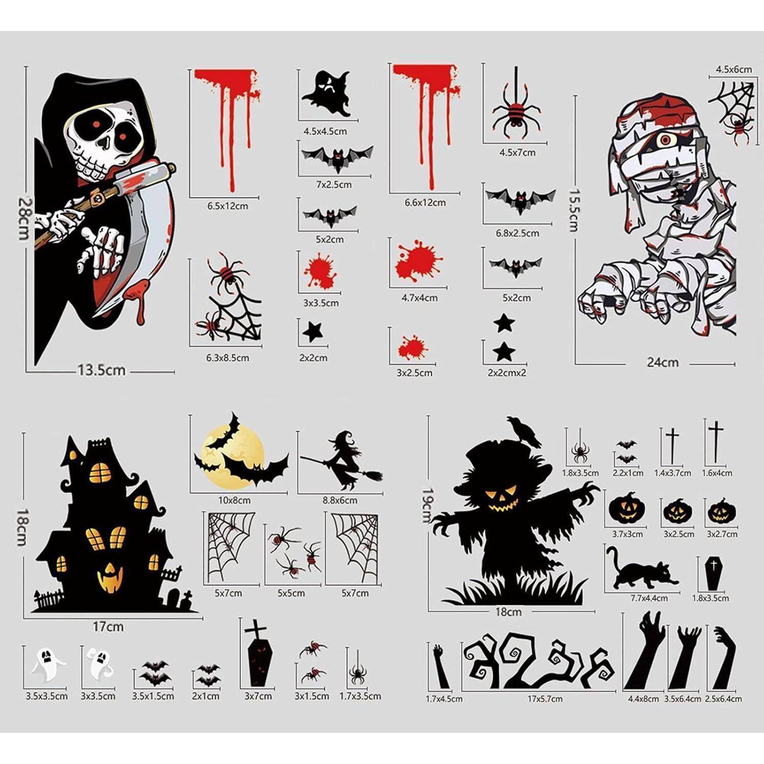 Halloween-Aufkleber mit Motiven von Skelett, Mumie, Geisterhaus, Fledermäusen, Spinnen und Kürbissen. In verschiedenen Größen mit schwarzen und roten Details.