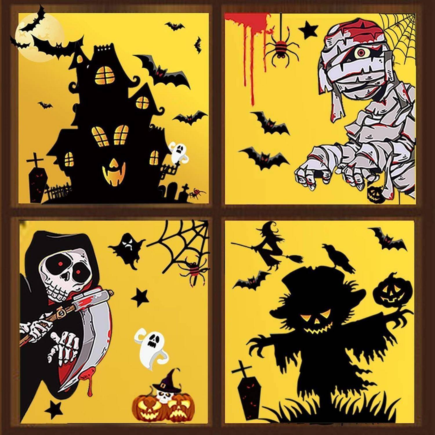 Eine vierteilige Halloween-thematische Illustration: Geisterhaus mit Geistern, Mumie mit Fledermäusen und Spinne, Sensenmann mit Kürbis und Vogelscheuche mit Mond.