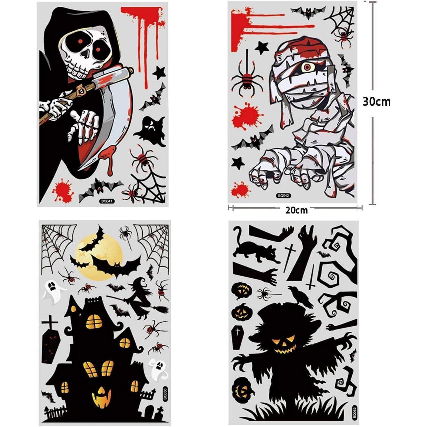 Halloween-Fenstersticker mit einem Skelett mit einer Sense, einer Mumie, einem Spukhaus und einem Vogelscheuche mit Fledermäusen und Spinnen.