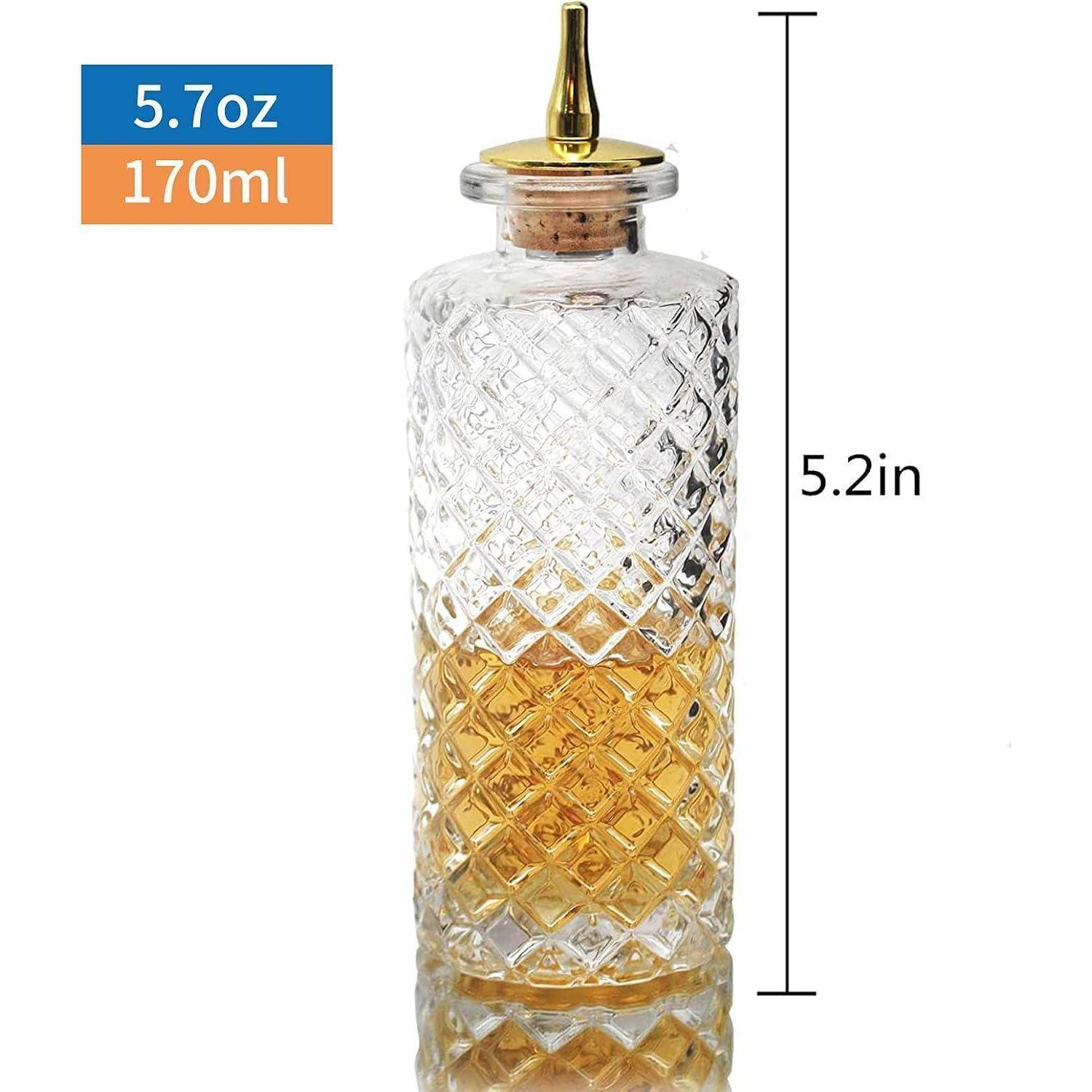 Ölspender aus Glas mit Rautenmuster, goldener Ausguss und Korken. Kapazitätsangabe: '5,7 oz, 170 ml'. Höhe mit 5,2 Zoll gekennzeichnet.