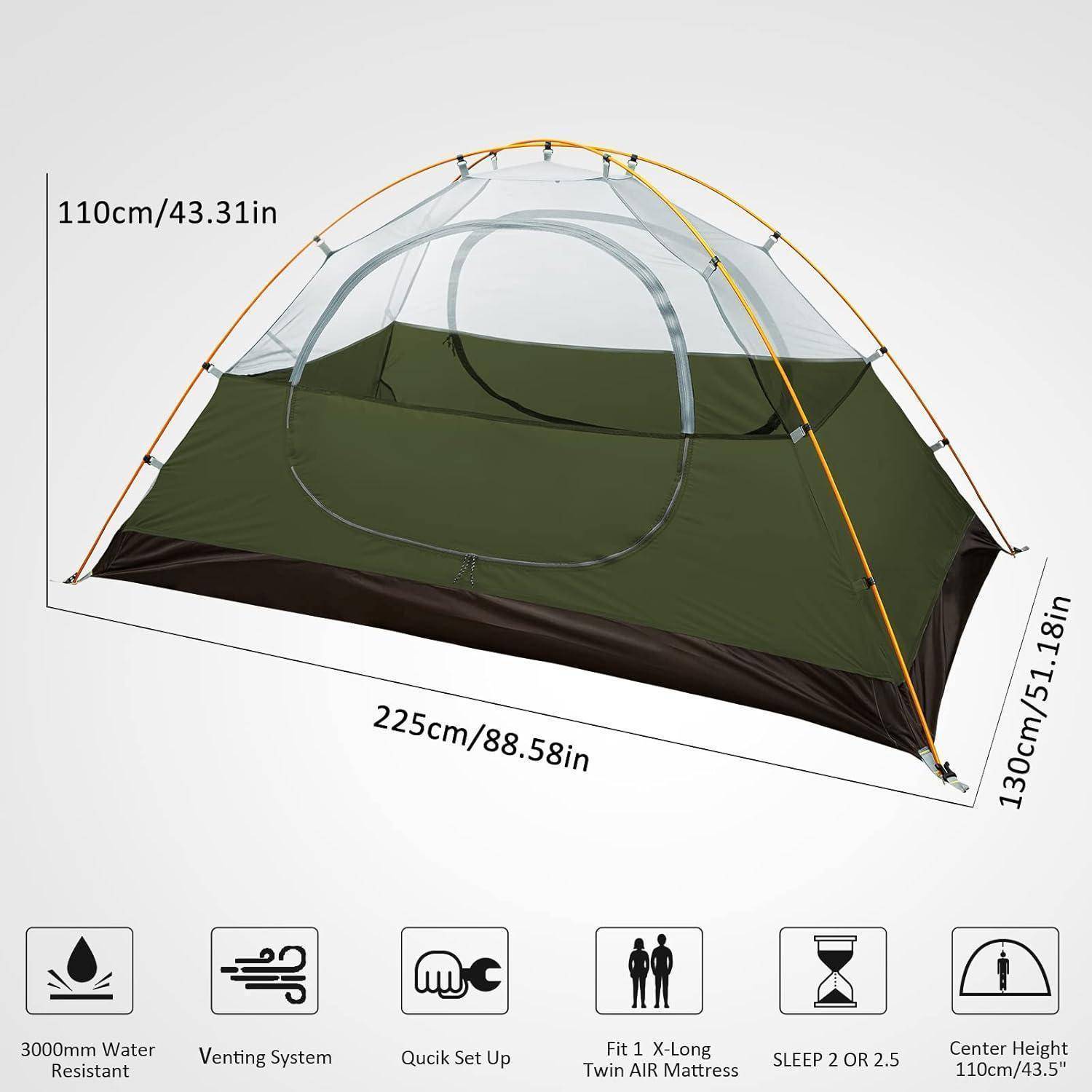 Grünes und graues Campingzelt mit Moskitonetz-Oberseite und orangefarbenen Stangen, Abmessungen 225 cm x 130 cm x 110 cm, mit Eigenschaften wie Wasserdichtigkeit, Belüftung und schnellem Aufbau.
