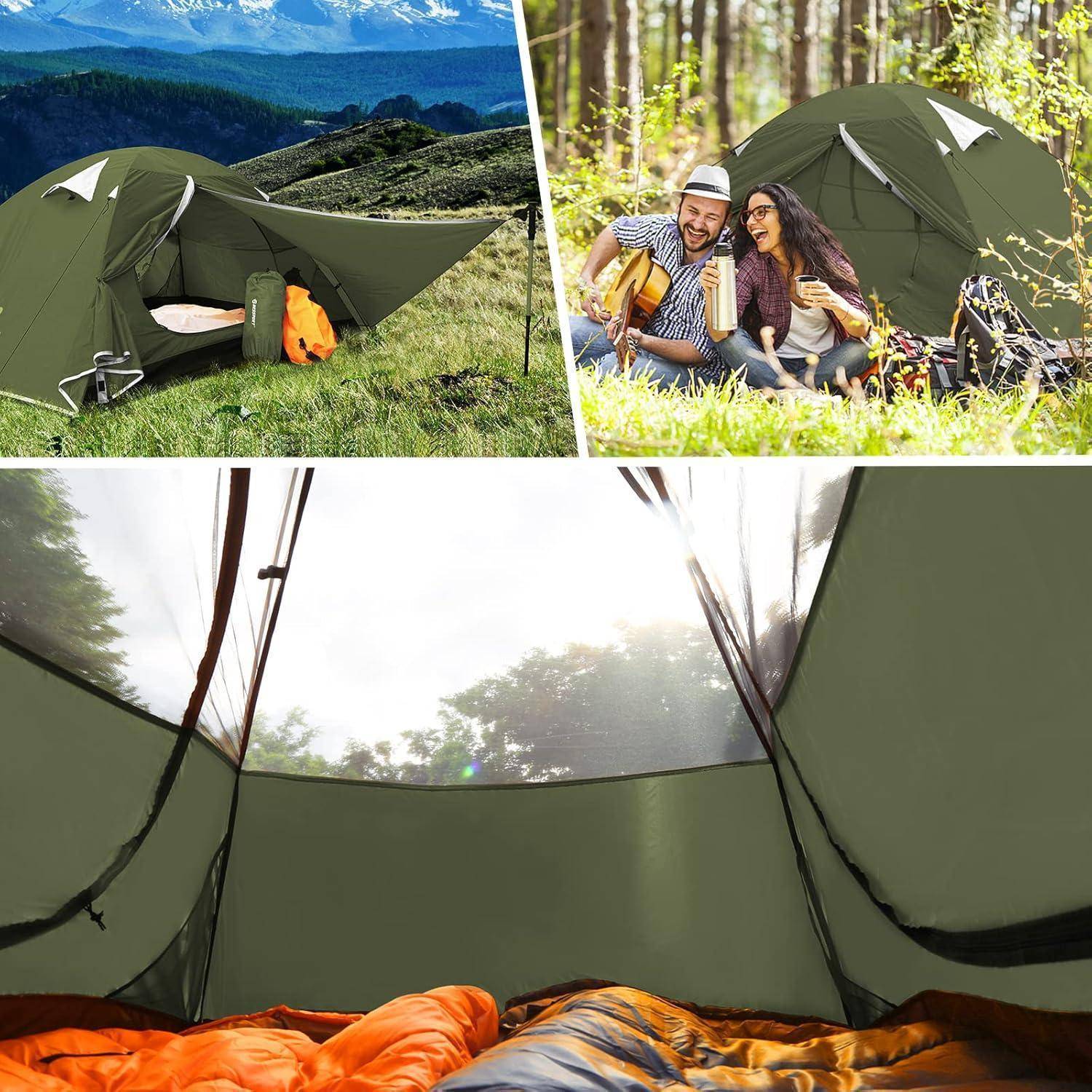 Drei Campingszenen: oben links ein Zelt mit Bergen; oben rechts zwei Menschen genießen Musik neben einem Zelt; unten Innenansicht eines Zeltes.