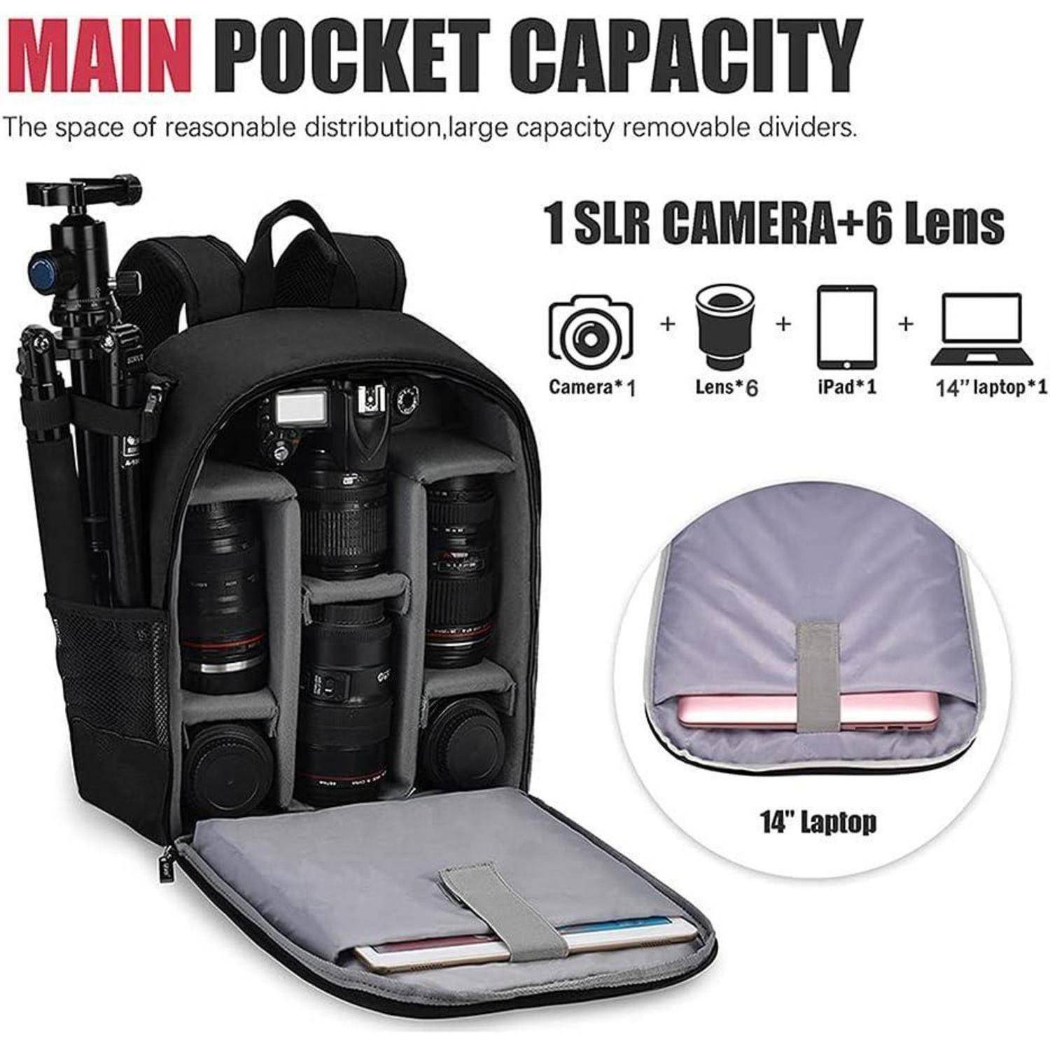 Schwarzer Kamera-Rucksack mit Kapazität für 1 SLR-Kamera, 6 Objektive und Fächer für einen 14-Zoll-Laptop und ein iPad. Beschreibt herausnehmbare Trennwände.