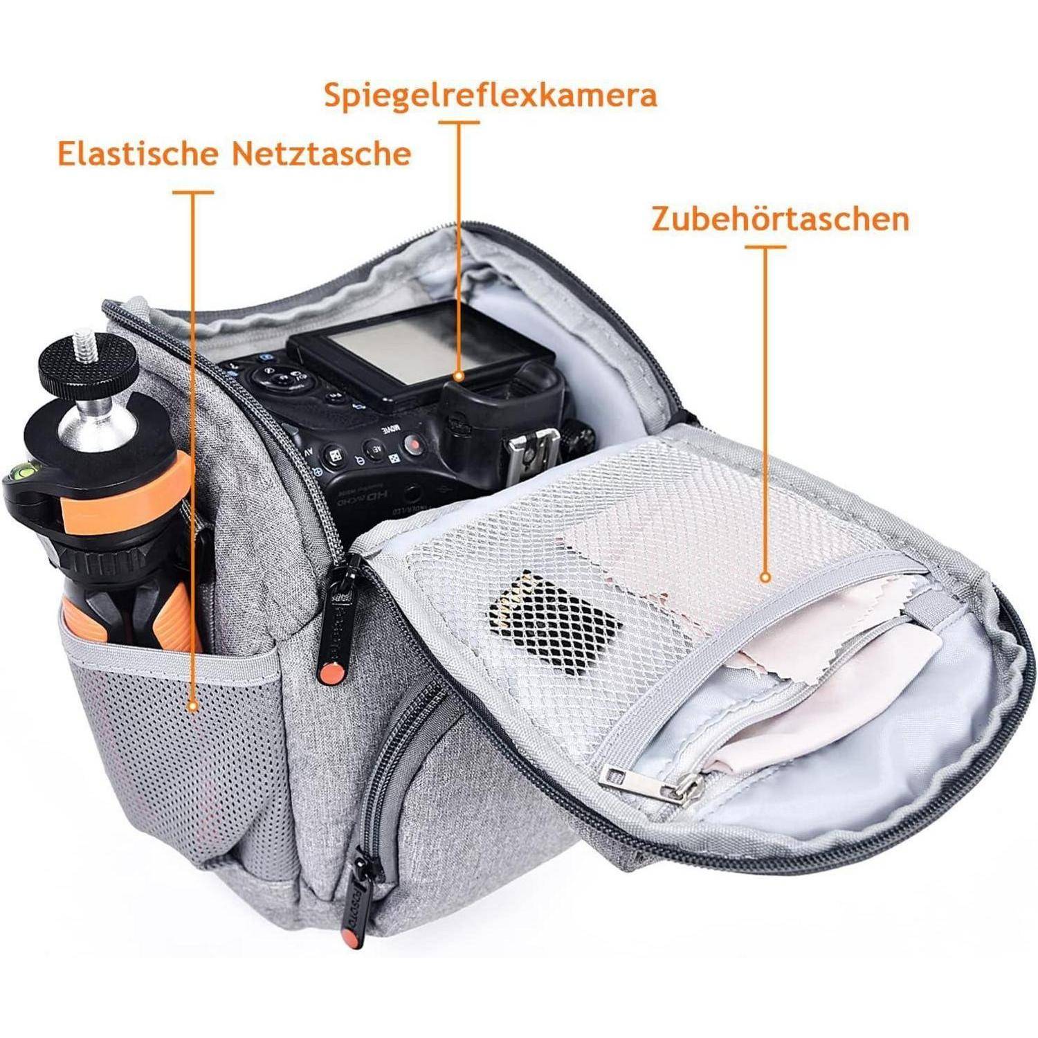 Geöffnete graue Kameratasche mit einer DSLR-Kamera im Inneren, Seitentaschen mit Zubehör und beschrifteten Fächern für einfache Organisation.