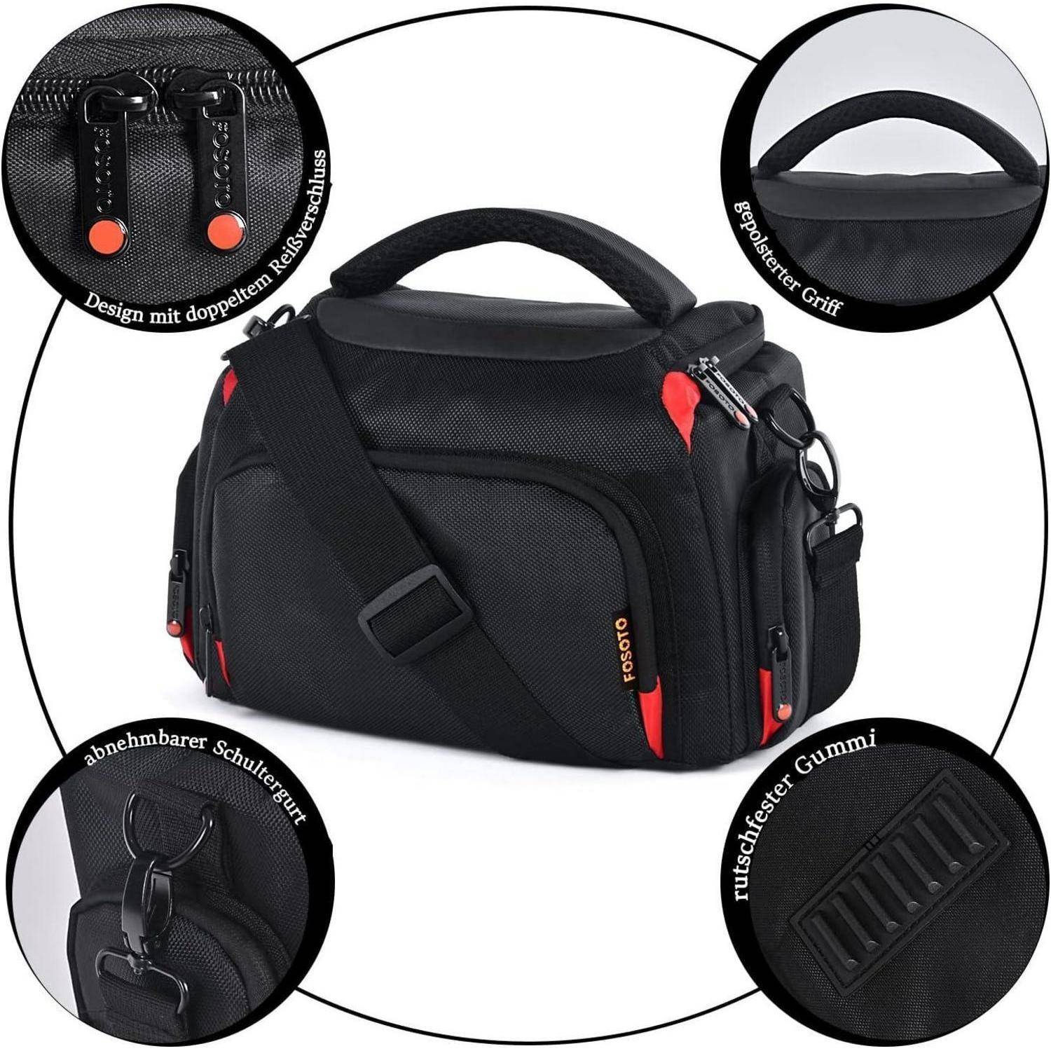 Schwarze Kamera-Tasche mit Trageriemen, Reißverschluss mit Doppelzug, gepolstertem Griff und Gummiboden. Eingefügte Bilder zeigen detaillierte Ansichten der Eigenschaften.
