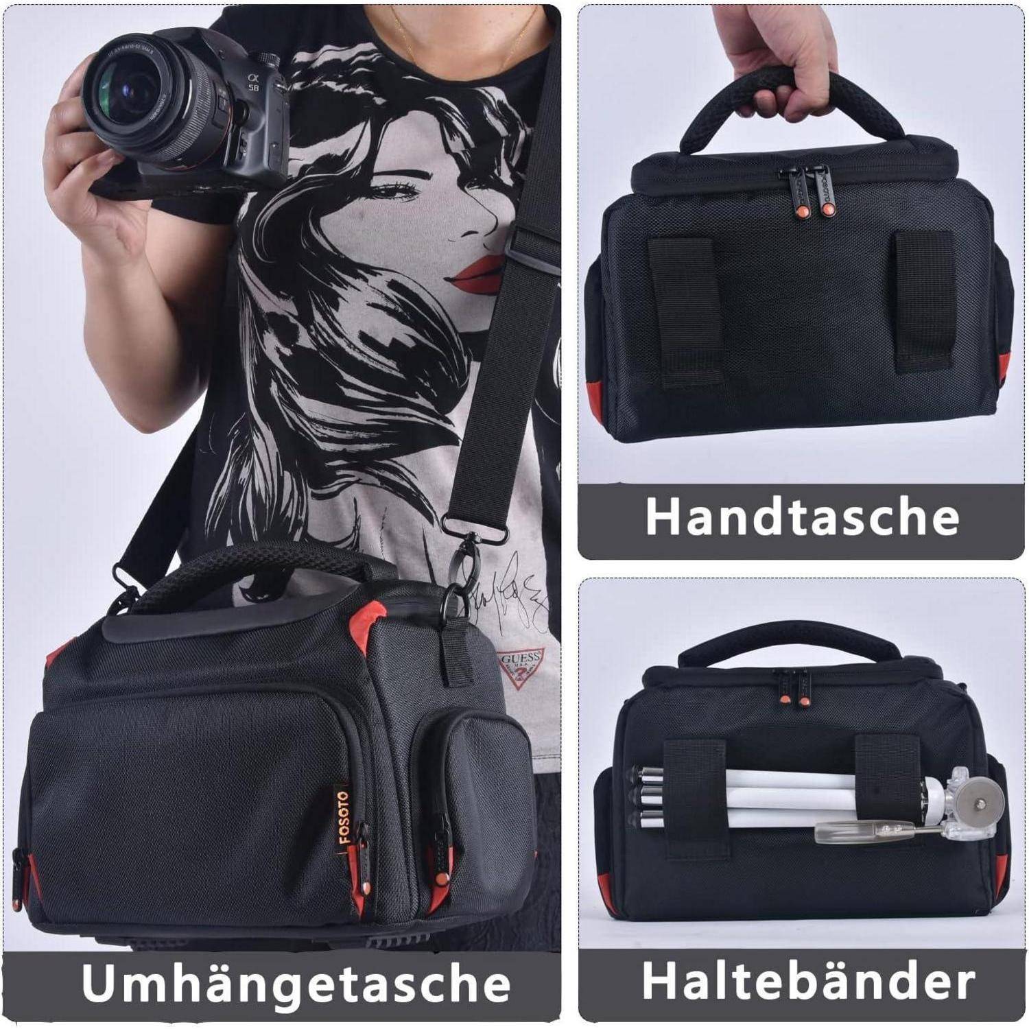 Eine Kameratasche wird in drei Konfigurationen gezeigt: über der Schulter, als Handtasche und mit Trägern, die ein Stativ halten. Eine Person hält eine Kamera.