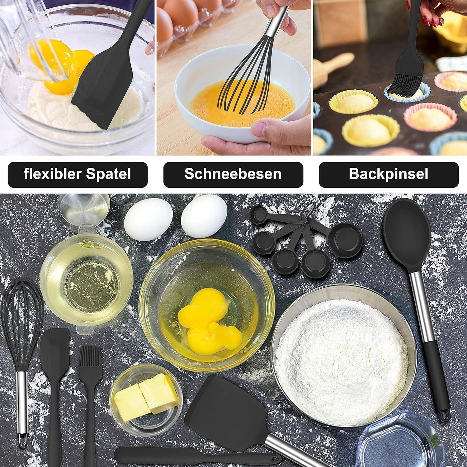Drei Küchengeräte zum Backen: ein flexibler Teigschaber, Schneebesen und Backpinsel. Darunter sind Zutaten wie Eier und Mehl zu sehen.