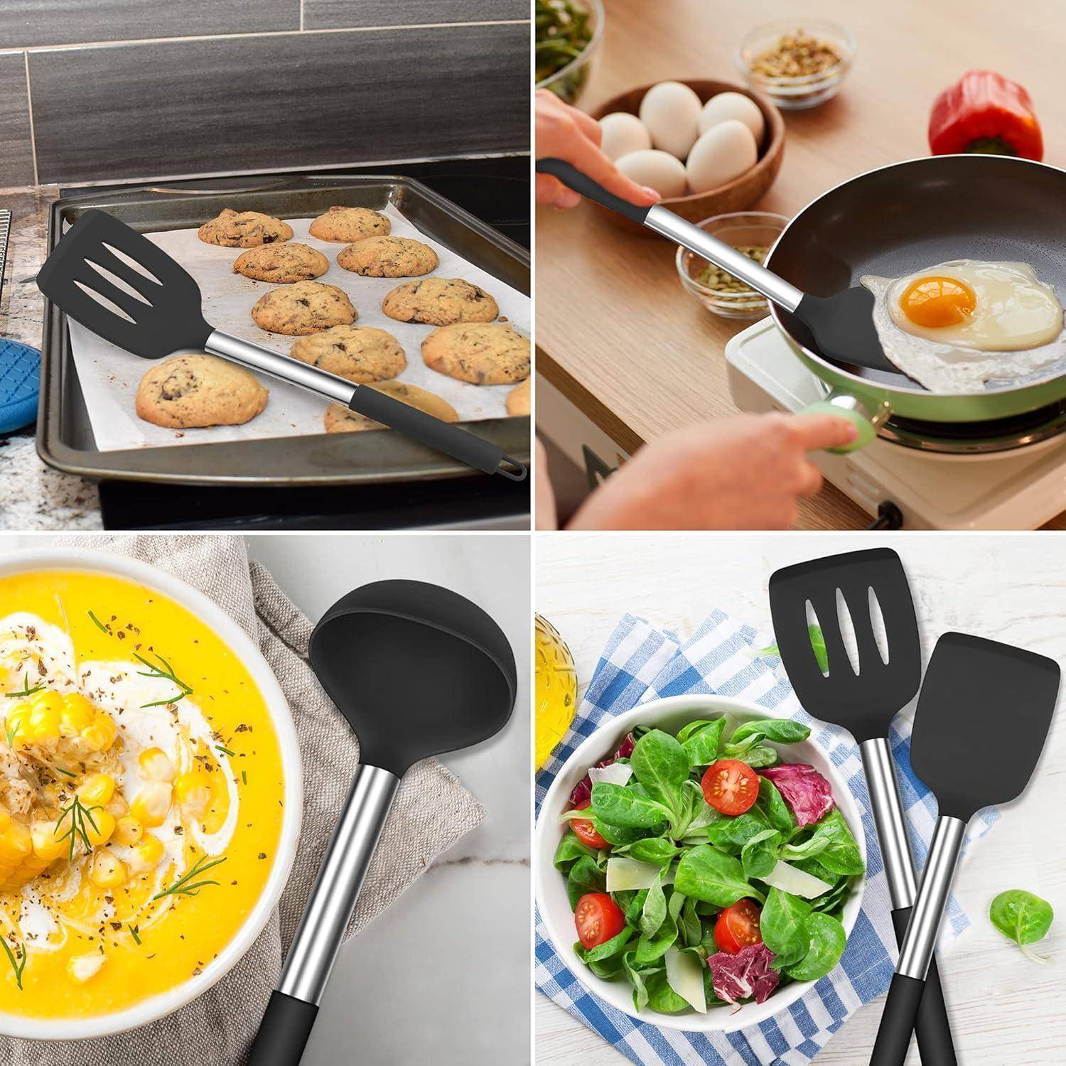 Eine Collage von vier Küchenszenen: Kekse auf einem Backblech, ein Ei wird in der Pfanne gebraten, Suppe wird serviert und Salatzutaten, wobei in jeder Szene ein Pfannenwender zu sehen ist.
