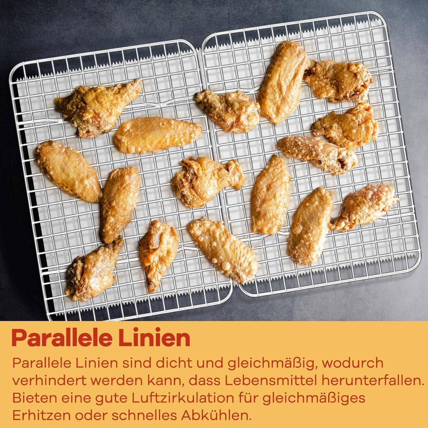 Gebackene Hähnchenflügel auf einem Gitter, fördert Luftzirkulation für gleichmäßiges Erhitzen und schnelles Abkühlen.