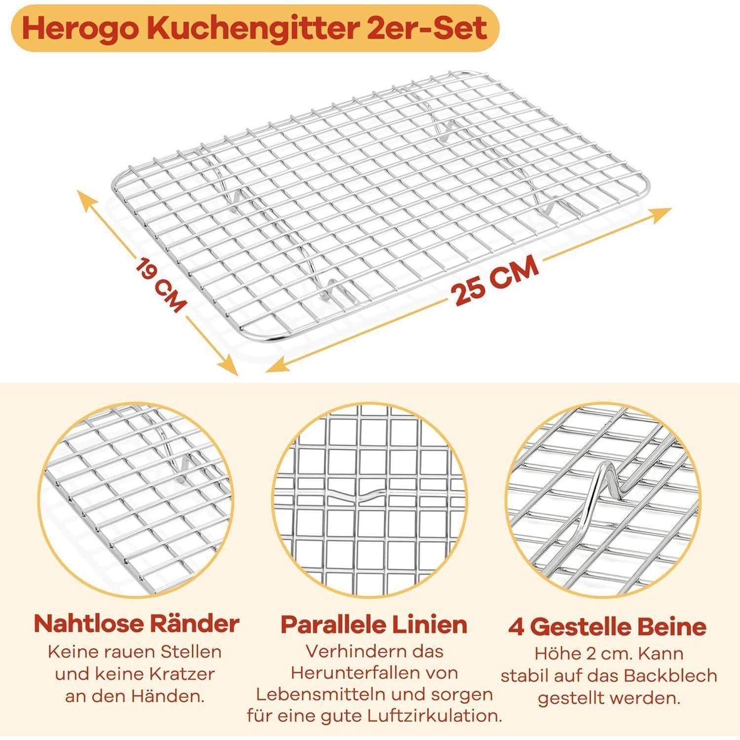 Herogo Kuchengitter 2er-Set': Zwei Kühlroste, 19x25 cm. Glatte Kanten, parallele Linien verhindern das Herunterfallen von Lebensmitteln, mit 4 stabilen Beinen.