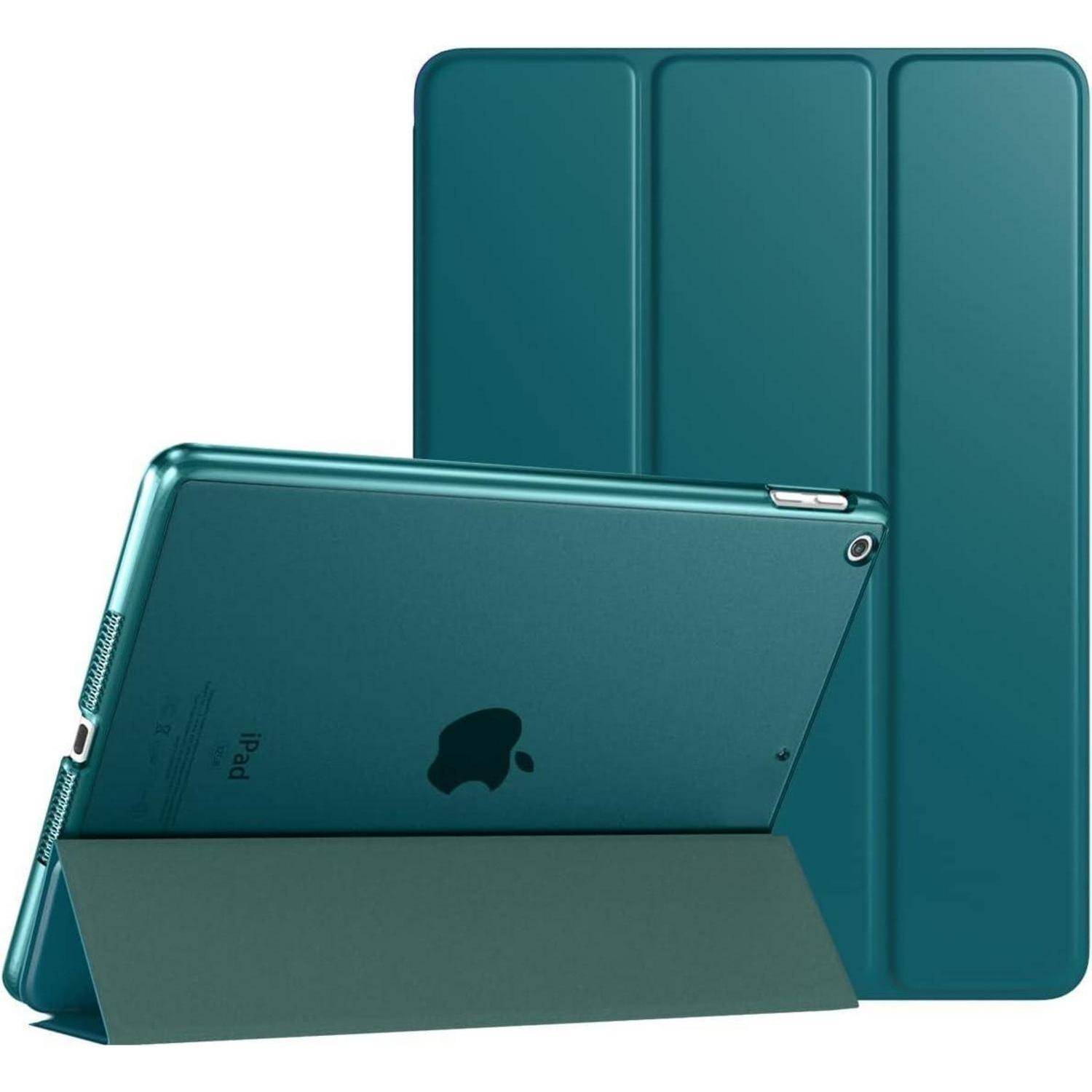 Eine grüne Tablette mit geöffnetem und geschlossenem Deckel, auf der das Apple-Logo zu sehen ist. Die Rückansicht zeigt die Kamerapositionierung und die Beschaffenheit der Abdeckung.