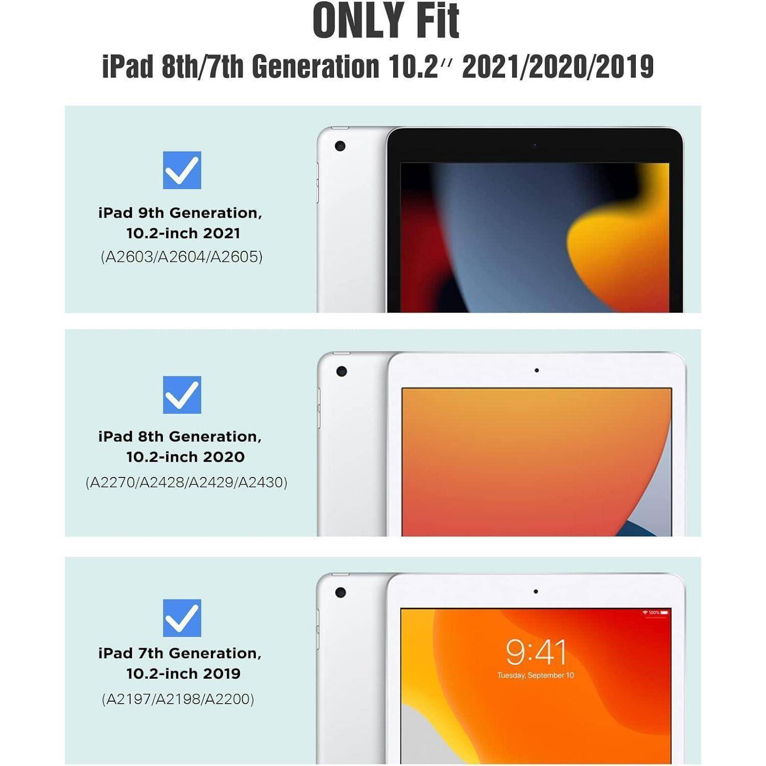 Abbildung zeigt drei iPad-Modelle, die mit einem Gehäuse kompatibel sind: iPad 9. Generation 2021, iPad 8. Generation 2020 und iPad 7. Generation 2019, alle mit 10,2 Zoll Bildschirm.