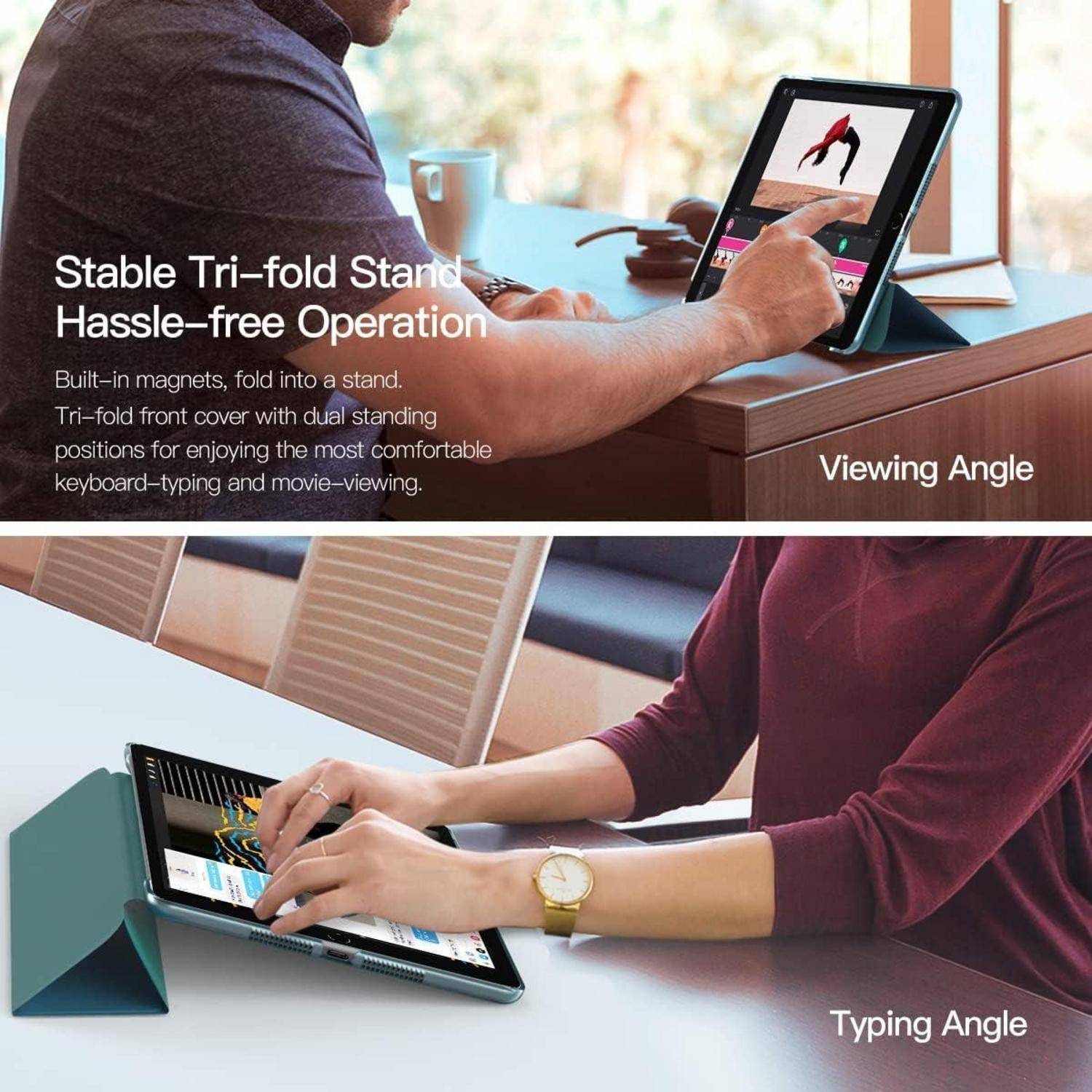 Eine Person interagiert mit einem Tablet auf einem Ständer. Die Abbildung zeigt zwei Blickwinkel: einen 