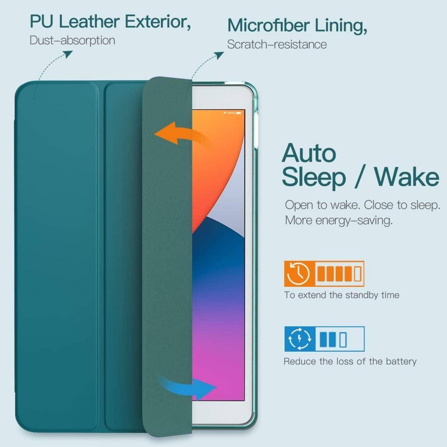 Tablet-Hülle mit PU-Lederaußenseite und Mikrofaserfutter. Ausgestattet mit Auto Sleep/Wake-Funktion zum Energiesparen und Verlängern der Standby-Zeit.