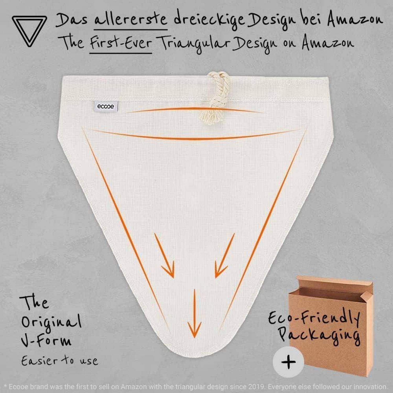 Ein weißes Dreiecktuch mit oranger Naht, gekennzeichnet als 'Das erste Dreiecksdesign auf Amazon'. Merkmale sind 'Die Original V-Form' und 'Umweltfreundliche Verpackung'.