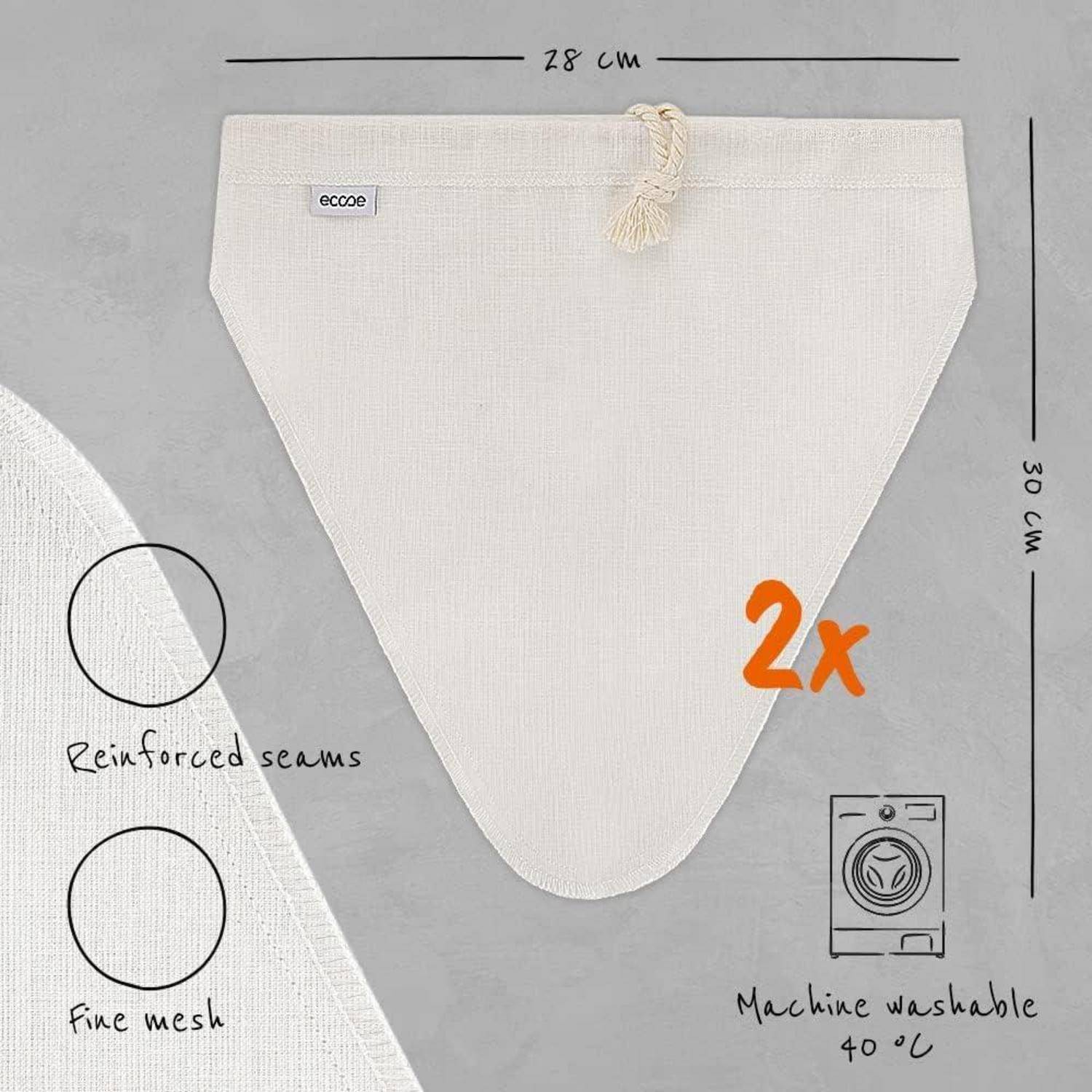 Feines Baumwoll-Siebgewebe, 28 cm breit und 30 cm hoch, mit verstärkten Nähten. Maschinenwäsche bei 40°C möglich. Enthält zwei Filter.
