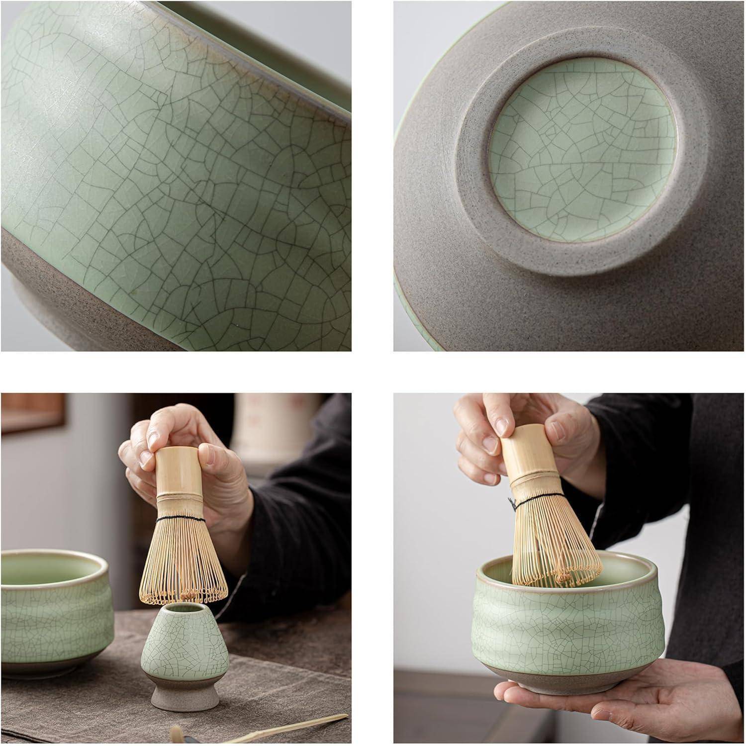 Zwei Hände bereiten Matcha zu. Die oberen zwei Bilder zeigen Nahaufnahmen einer grünen, craquelé-emaillierten Schale. Die unteren Bilder zeigen das Aufschlagen von Matcha in der Schale.