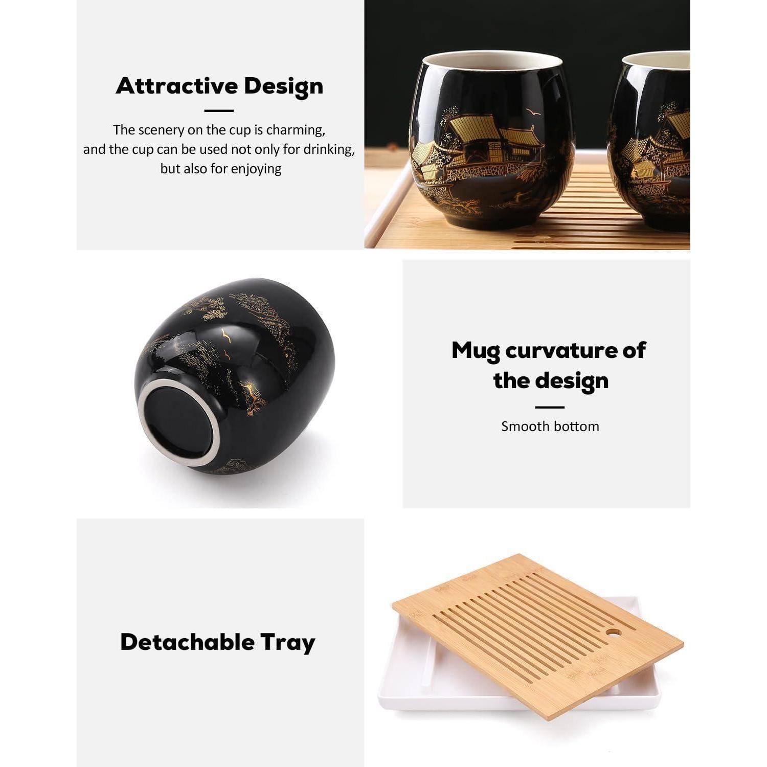 Thermotassen-Set mit künstlerischem Design und abnehmbarem Bambustablett; Texthervorhebungen betonen das attraktive Design und die Krümmung der Tasse.
