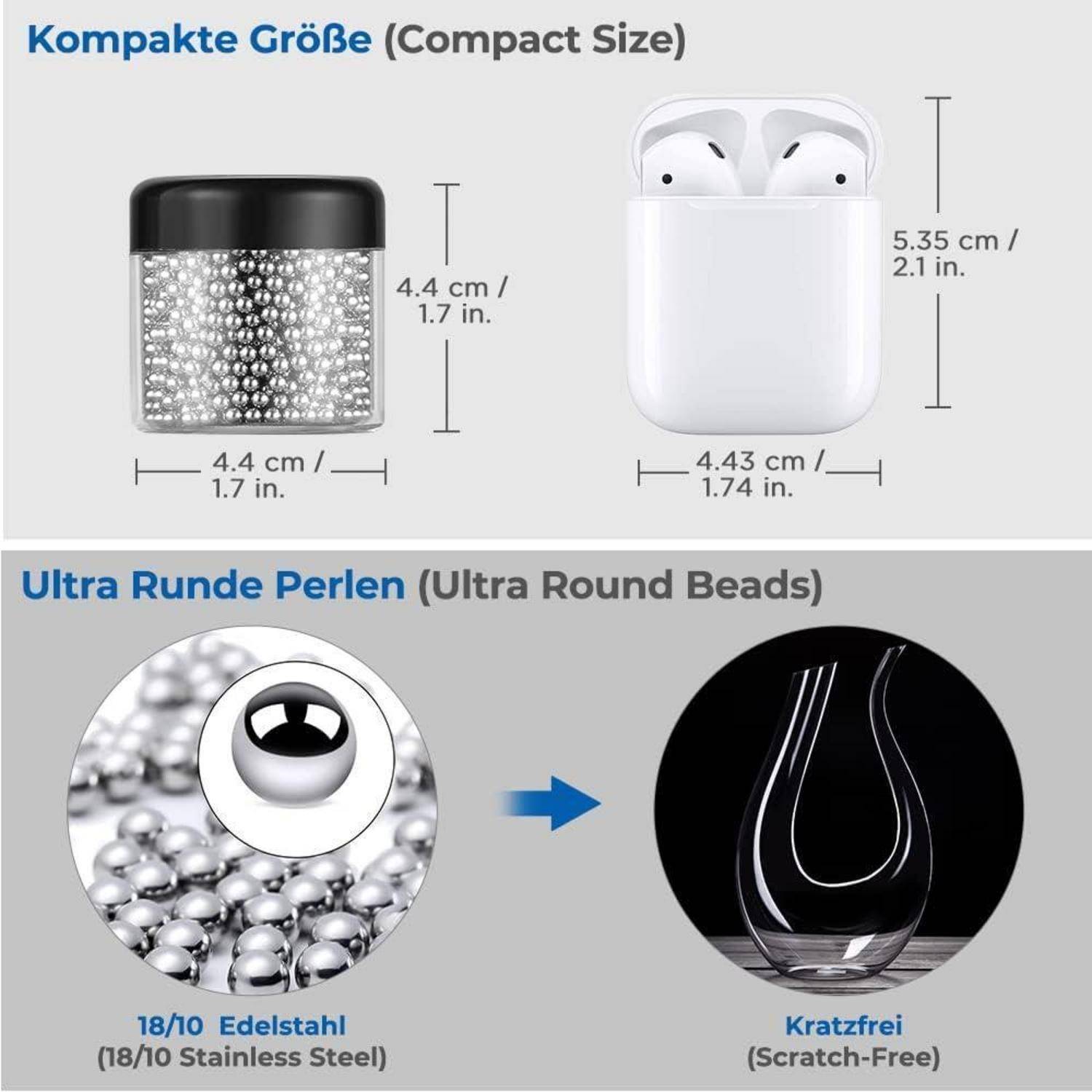 Das Bild vergleicht einen schwarzen Behälter und ein weißes Kopfhörerhülle, wobei die Abmessungen dargestellt werden. Darunter werden „Ultra Round Beads